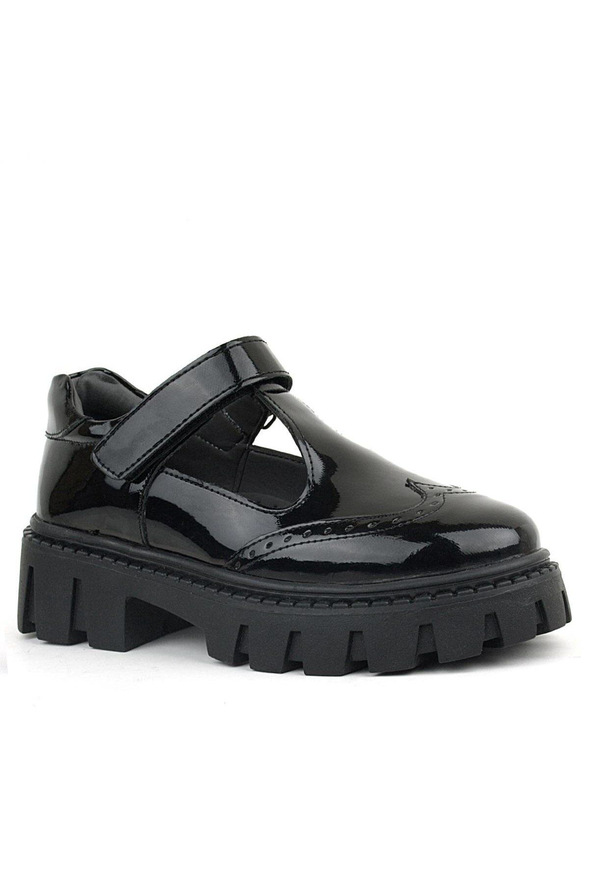 Rakerplus-Black Patent Leather Velcro Girls' School Shoes 1