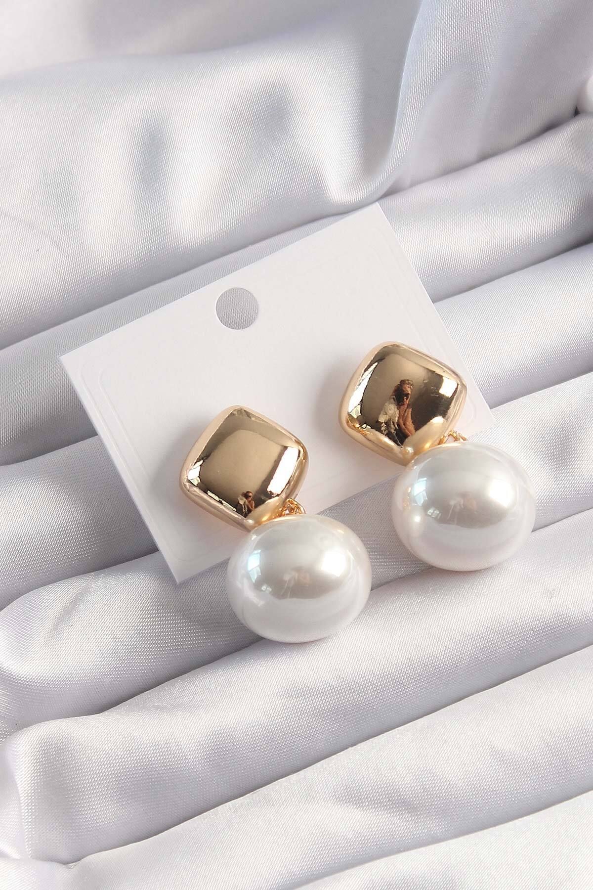 nazeninstoğu-Special Series Brass Gold Color Pearl Stone Square Earrings 1