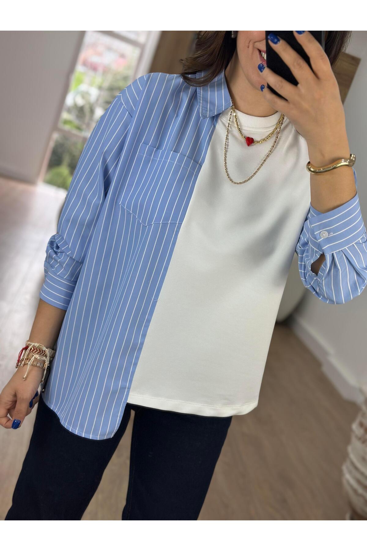 2she  Garnili Poplin Gömlek-Mavi - Görsel 4