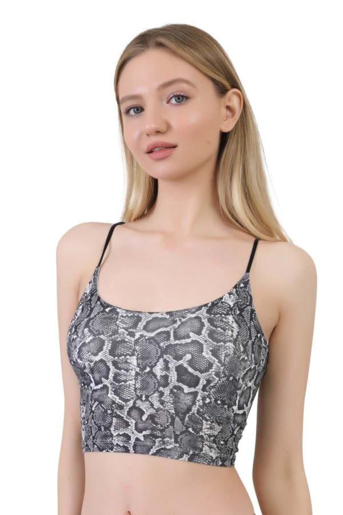 Cottonhill-Microfiber Textured Patterned Thin Strap Crop Top Bustier 1