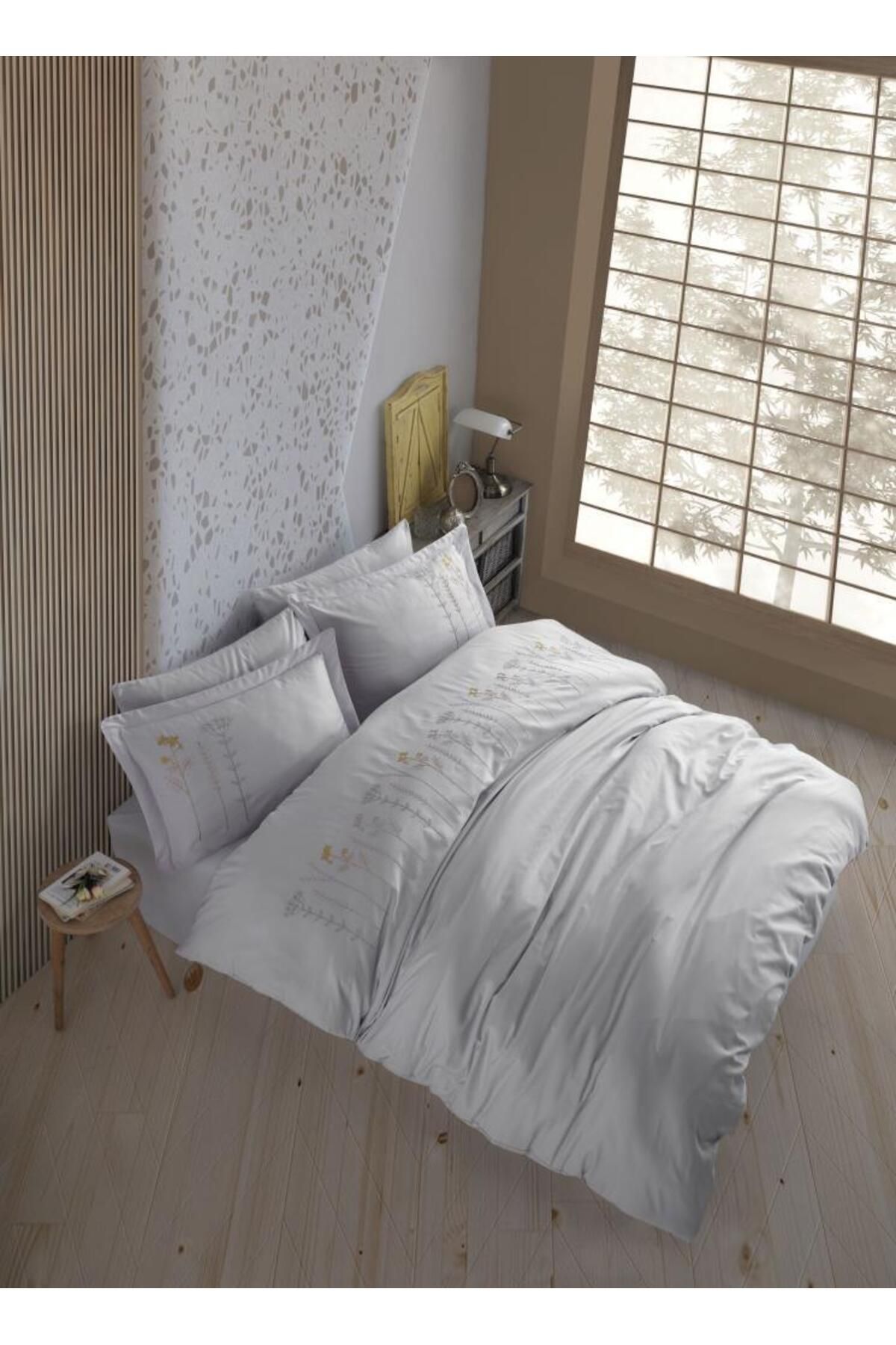 FAYMEM GLOBAL Çift Kişilik Poplin Premium Nakışlı Nevresim Diva Gri