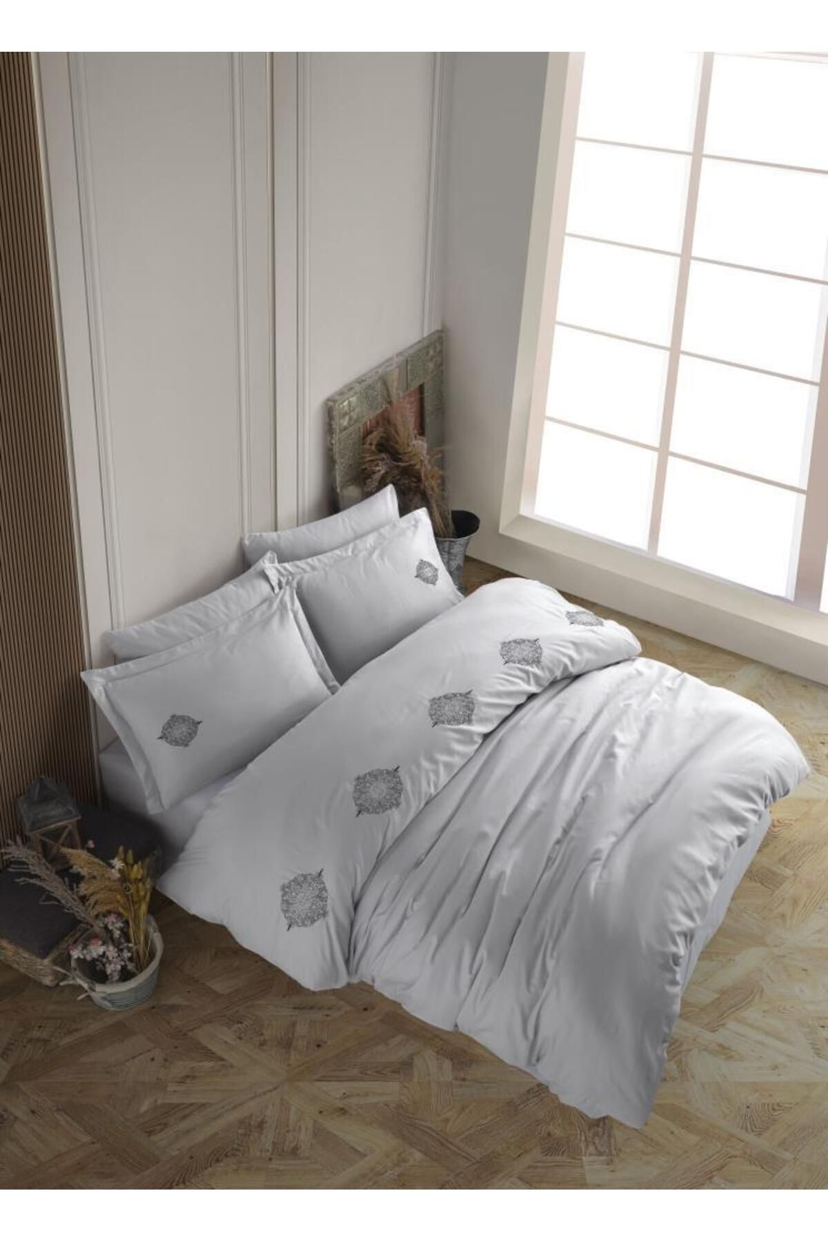 OEM Çift Kişilik Poplin Premium Nakışlı Nevresim Azra Gri