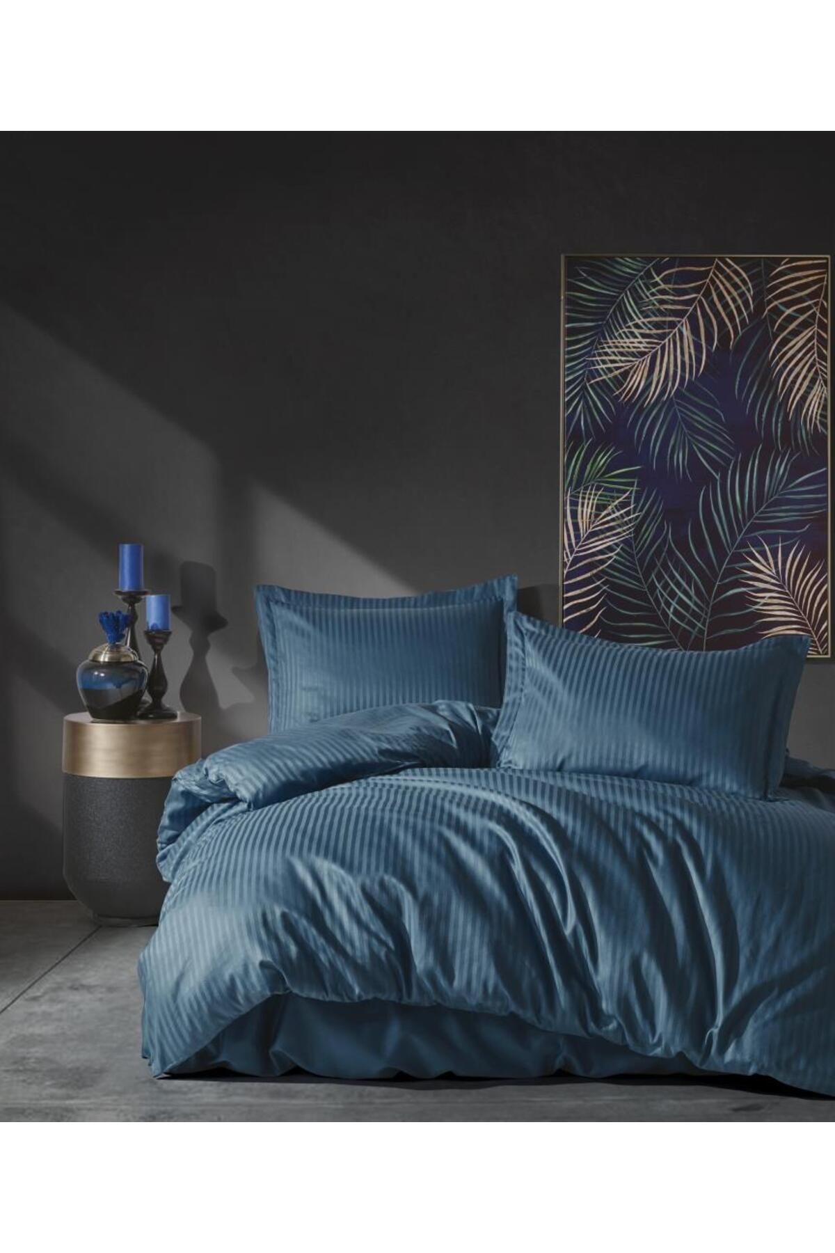 OEM Çift Kişilik Saten Nevresim Takımı Elegante Stripe Mavi