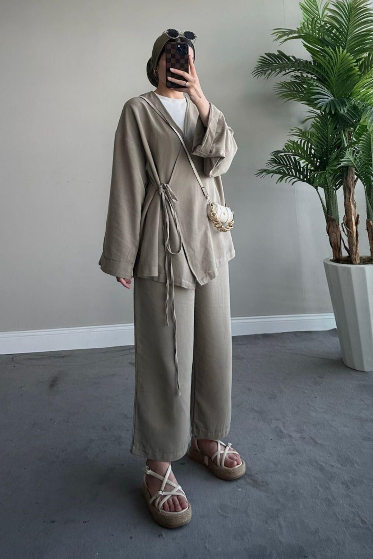 HAZA MODA-Khaki Linen Set - Thin String 4