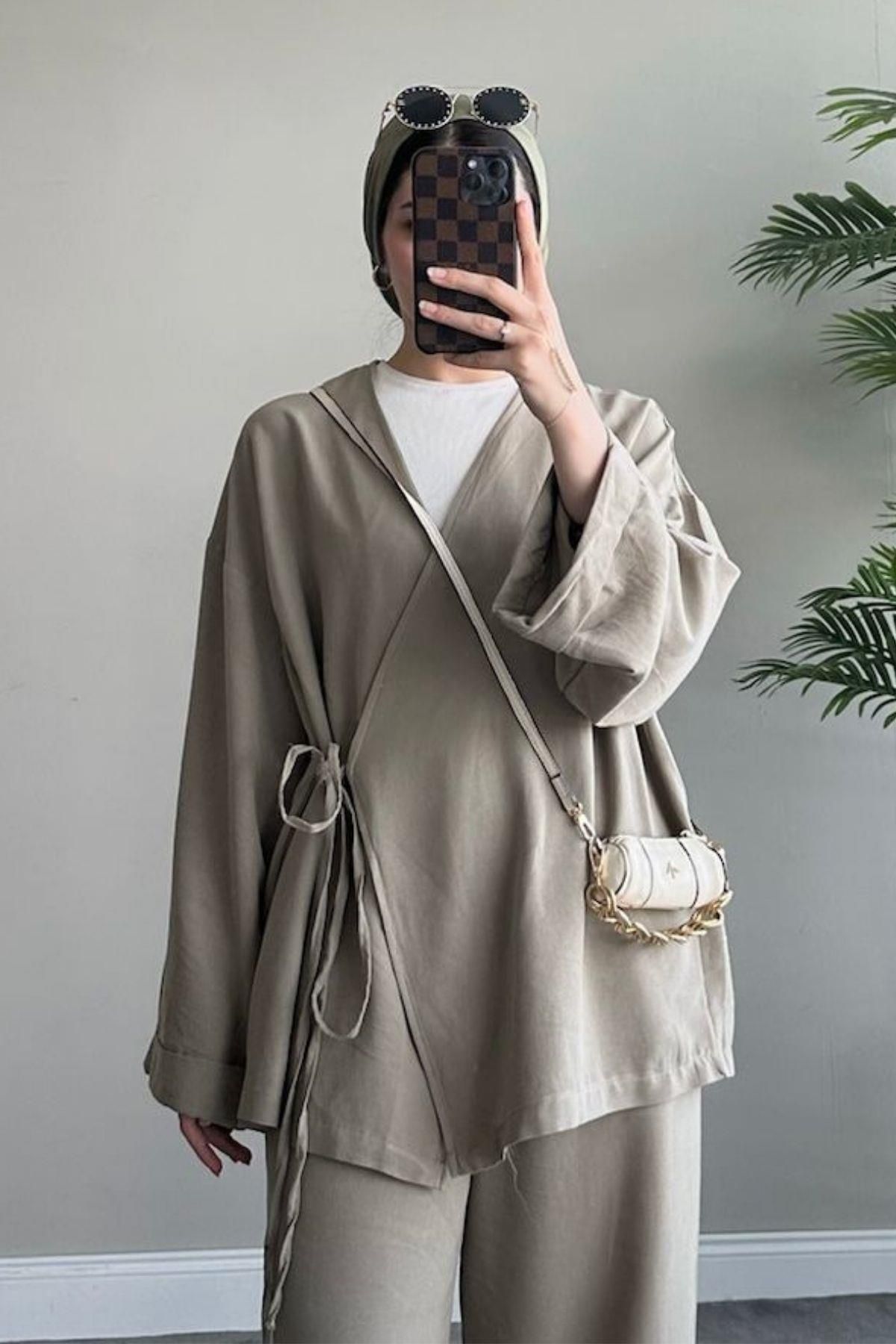 HAZA MODA-Khaki Linen Set - Thin String 2