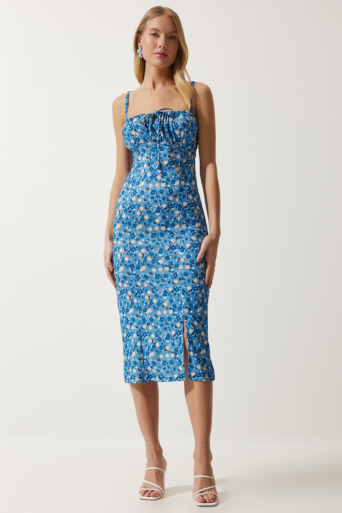 Floral Patterned Slit Summer Knitted Dress LIGHT BLUE BLACK LCI0003