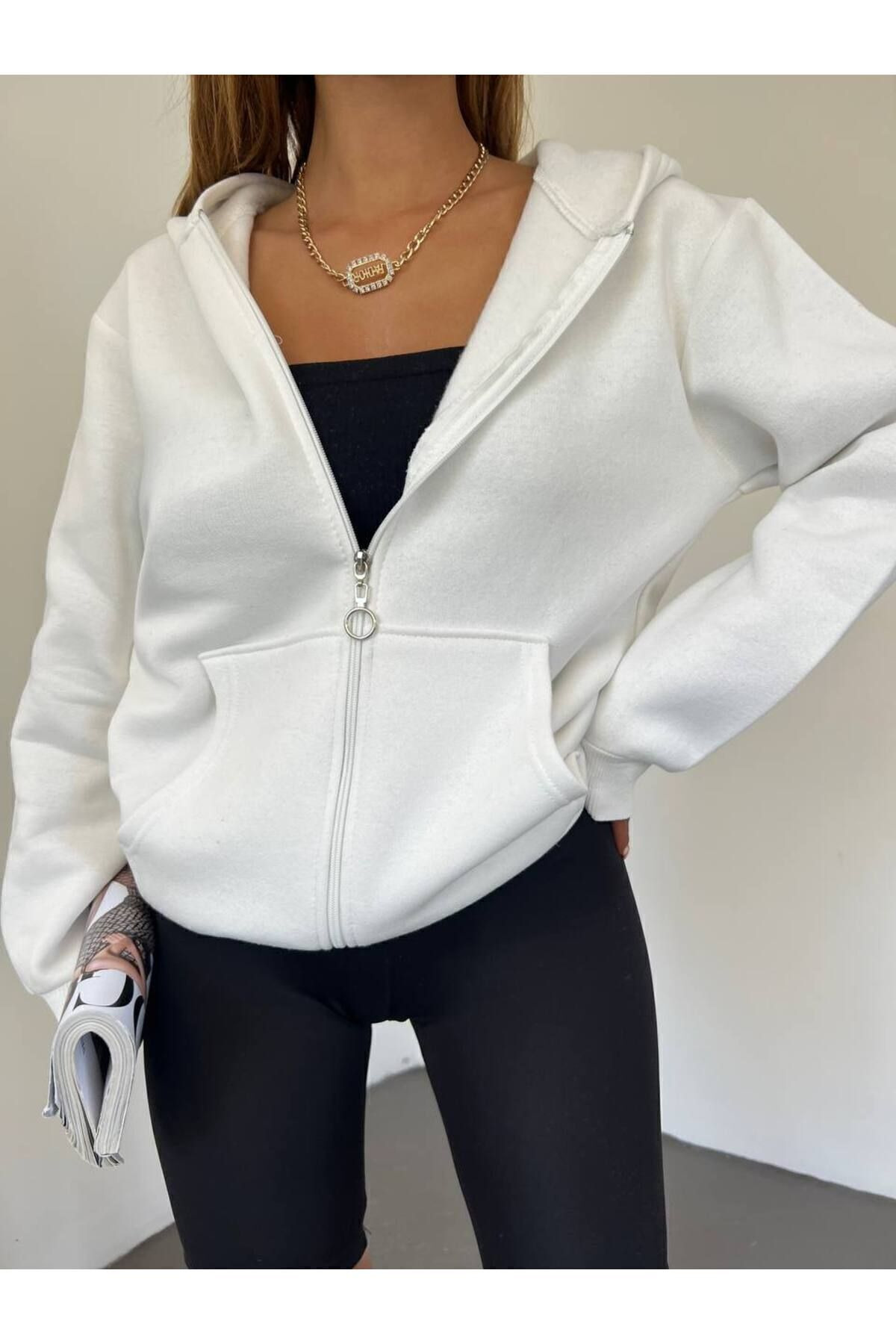 bellanova Unisex Siyah Kapşonlu Hırka Fermuarlı Sweat
