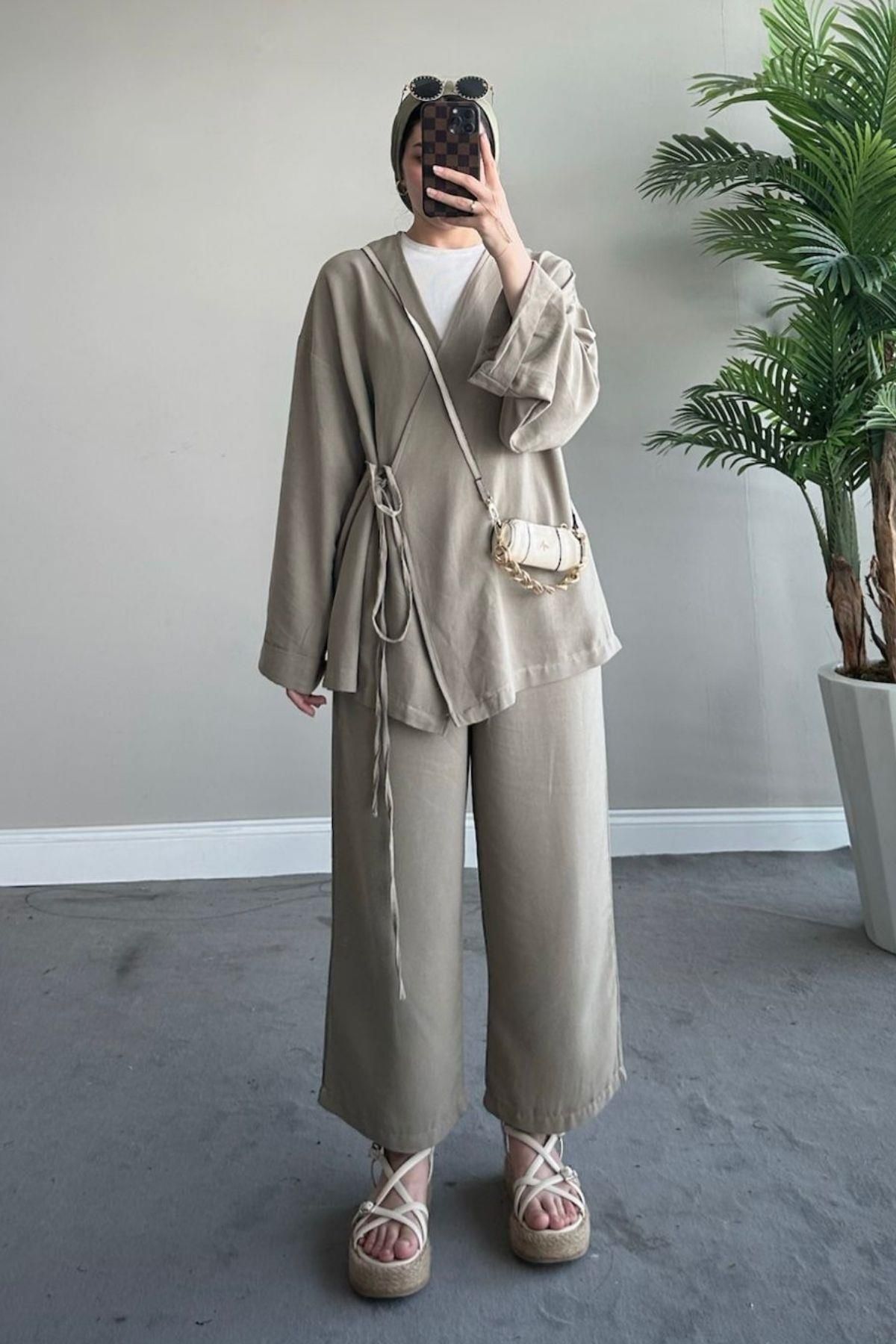 HAZA MODA-Khaki Linen Set - Thin String 1