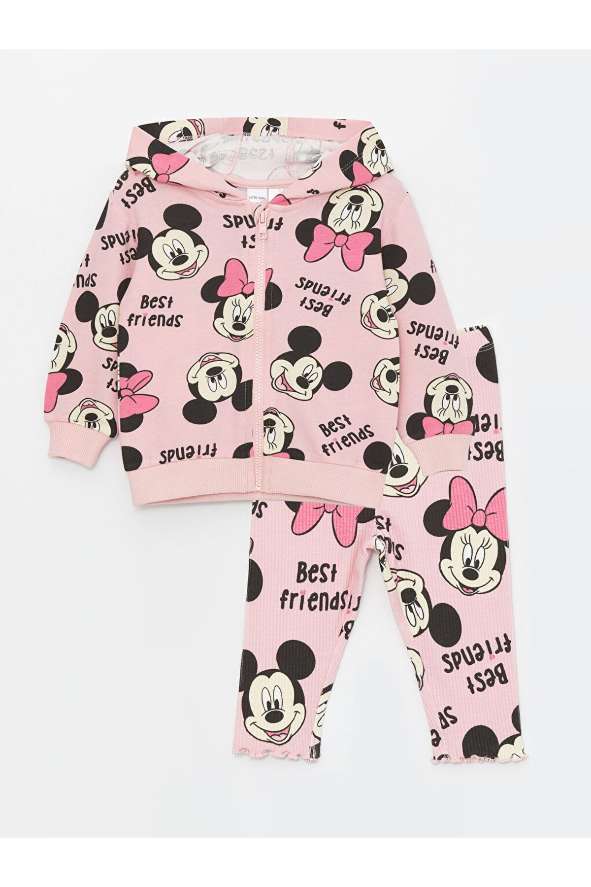 LC Waikiki Yeni Sezon Kapusonlu Minnie Mouse Baskili Kiz Bebek Hirka ve Tayt 2'li Takim - S4AD07Z1
