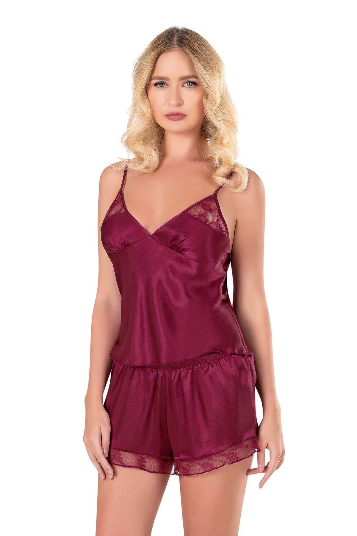 yusuftex Moda Bordo Saten Babydoll Şort Takımı