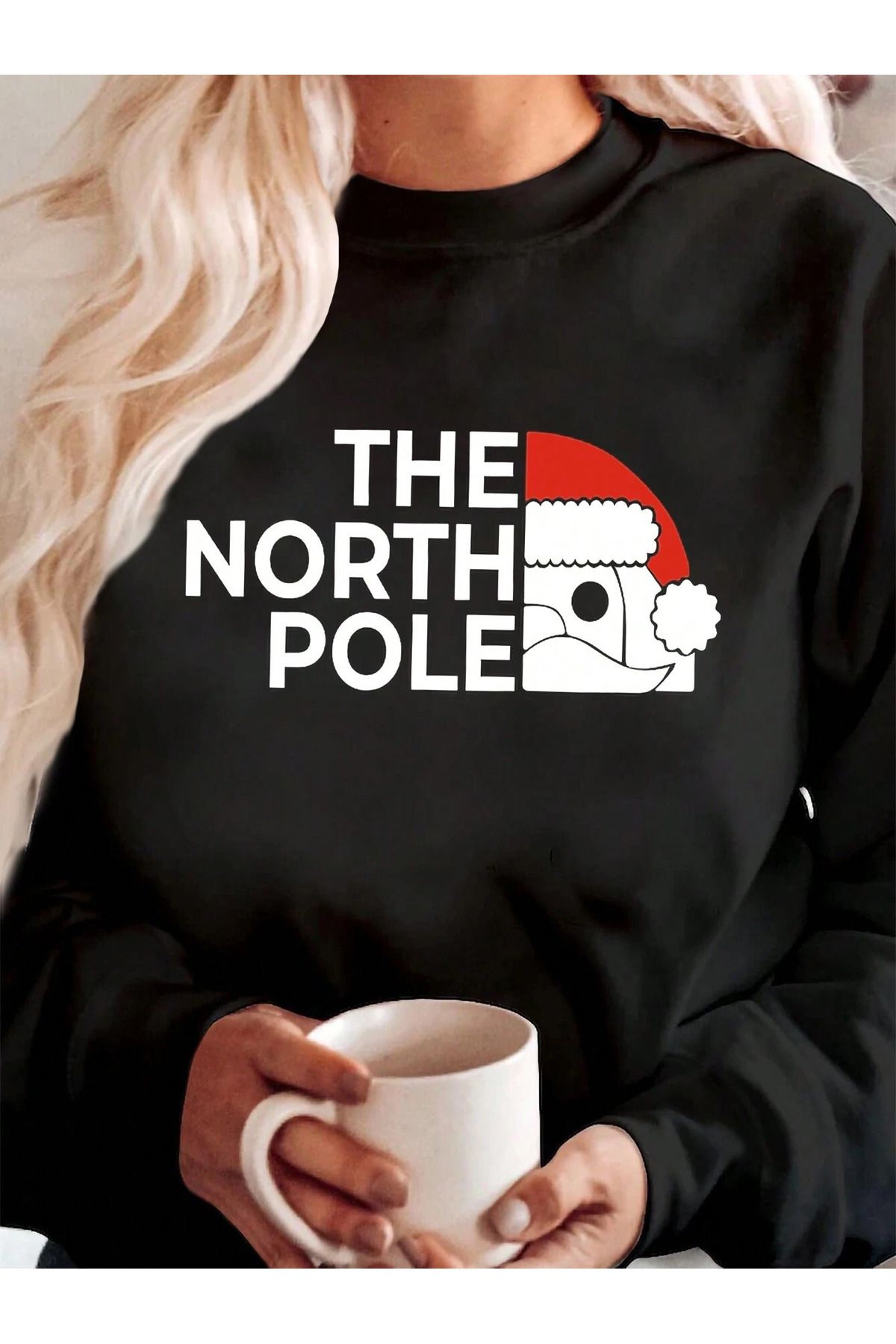 Unisex Christmas The North Pole Baskılı Siyah Oversize Sweatshirt