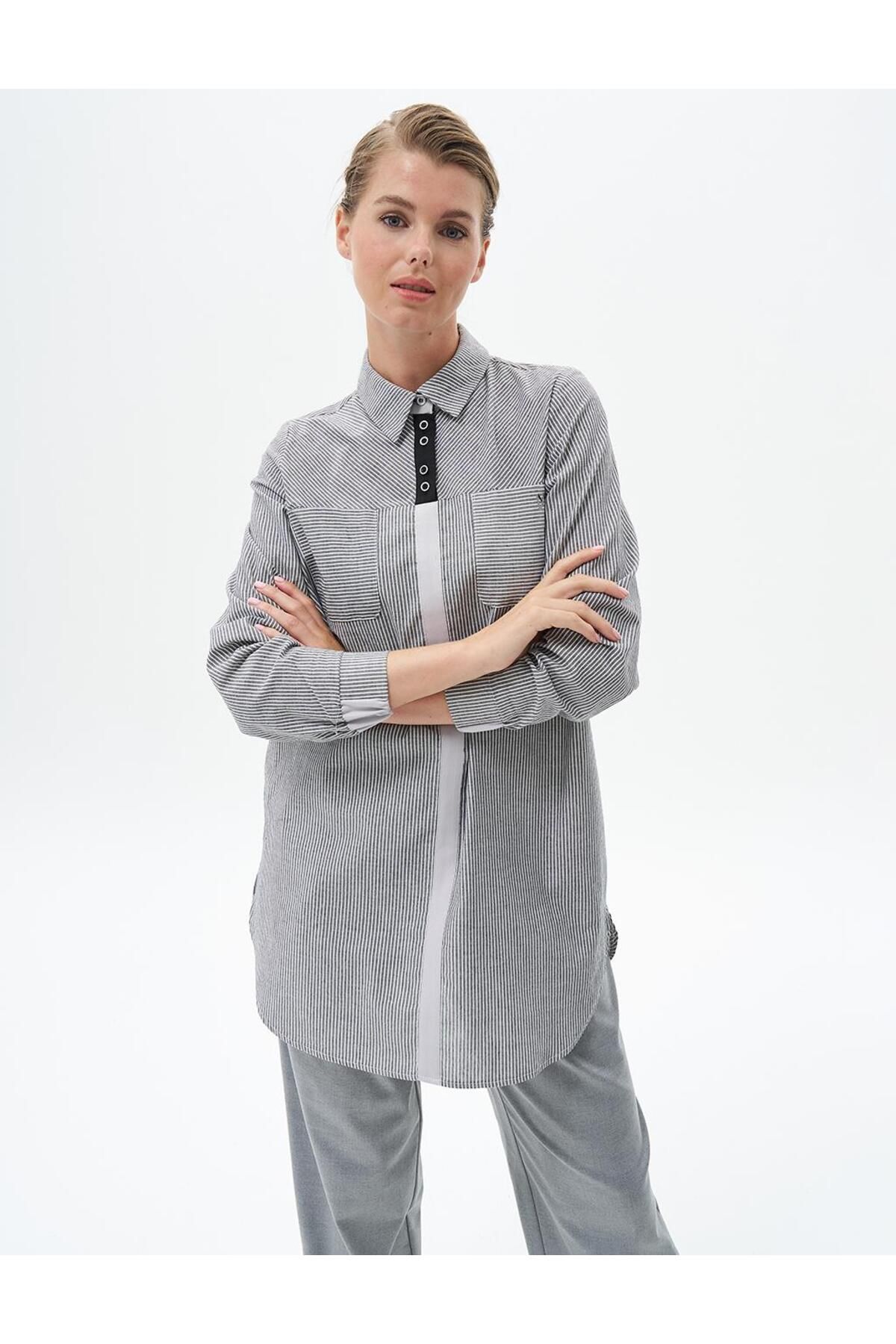 KYR-Elastic Gathered Ankles Line Pattern Tunic Black 5