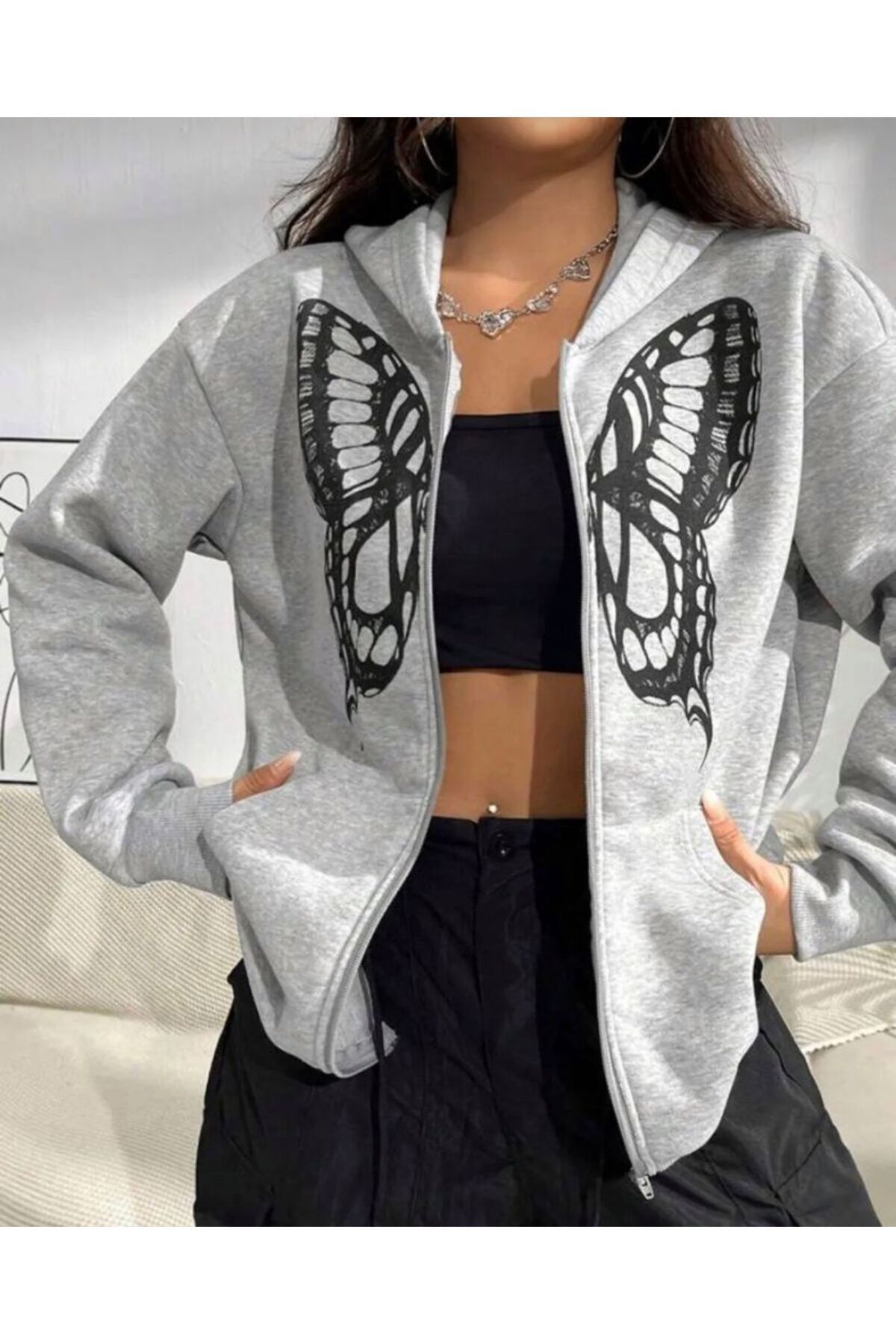 MODARİCH-Large Butterfly Cardigan Cardigan - Gray Printed Winter Oversize Hooded Zippered Pocket Detailed Cardigan 3