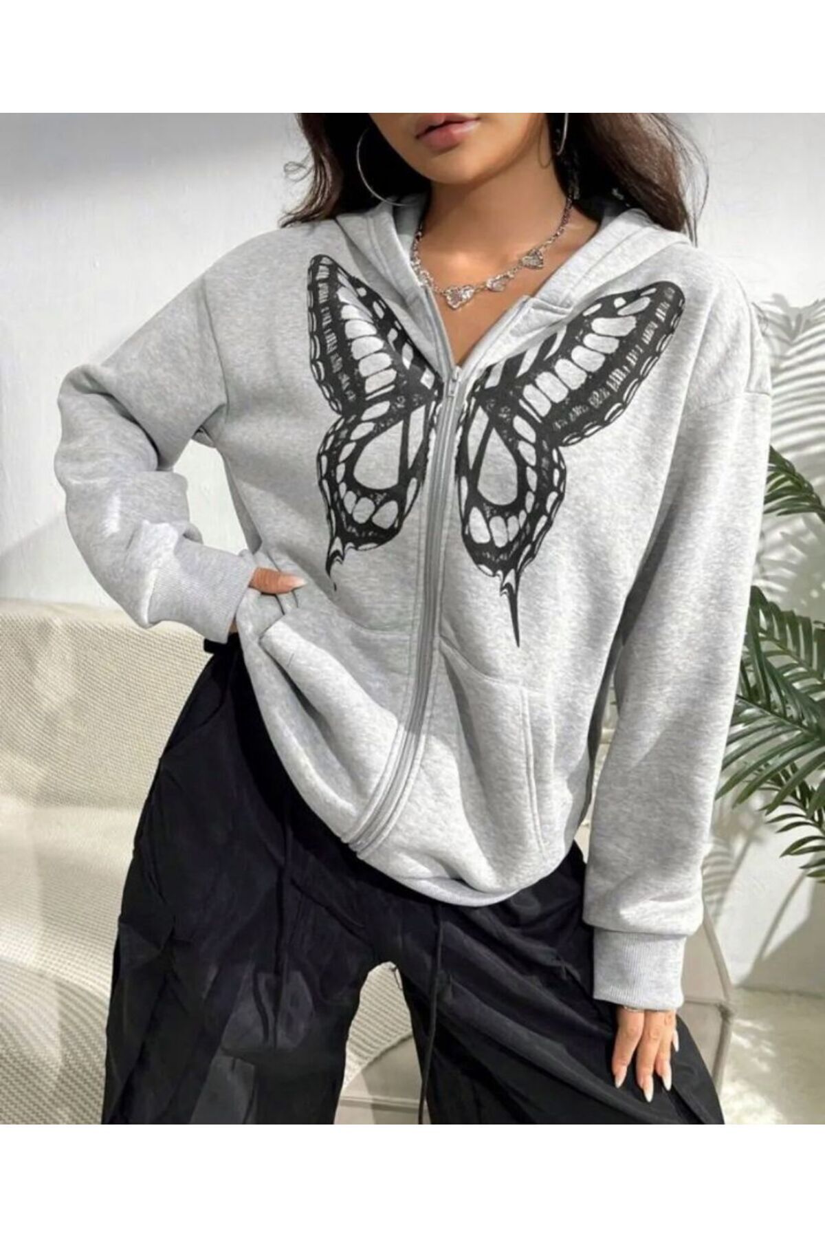 MODARİCH-Large Butterfly Cardigan Cardigan - Gray Printed Winter Oversize Hooded Zippered Pocket Detailed Cardigan 2