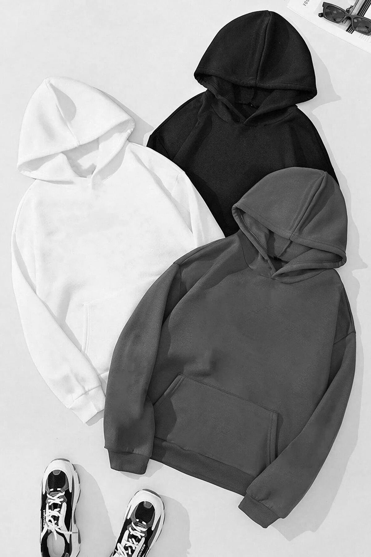 MODARİCH-3-Piece Oversize Hooded Sweatshirt Set - Black and White Smoke 1