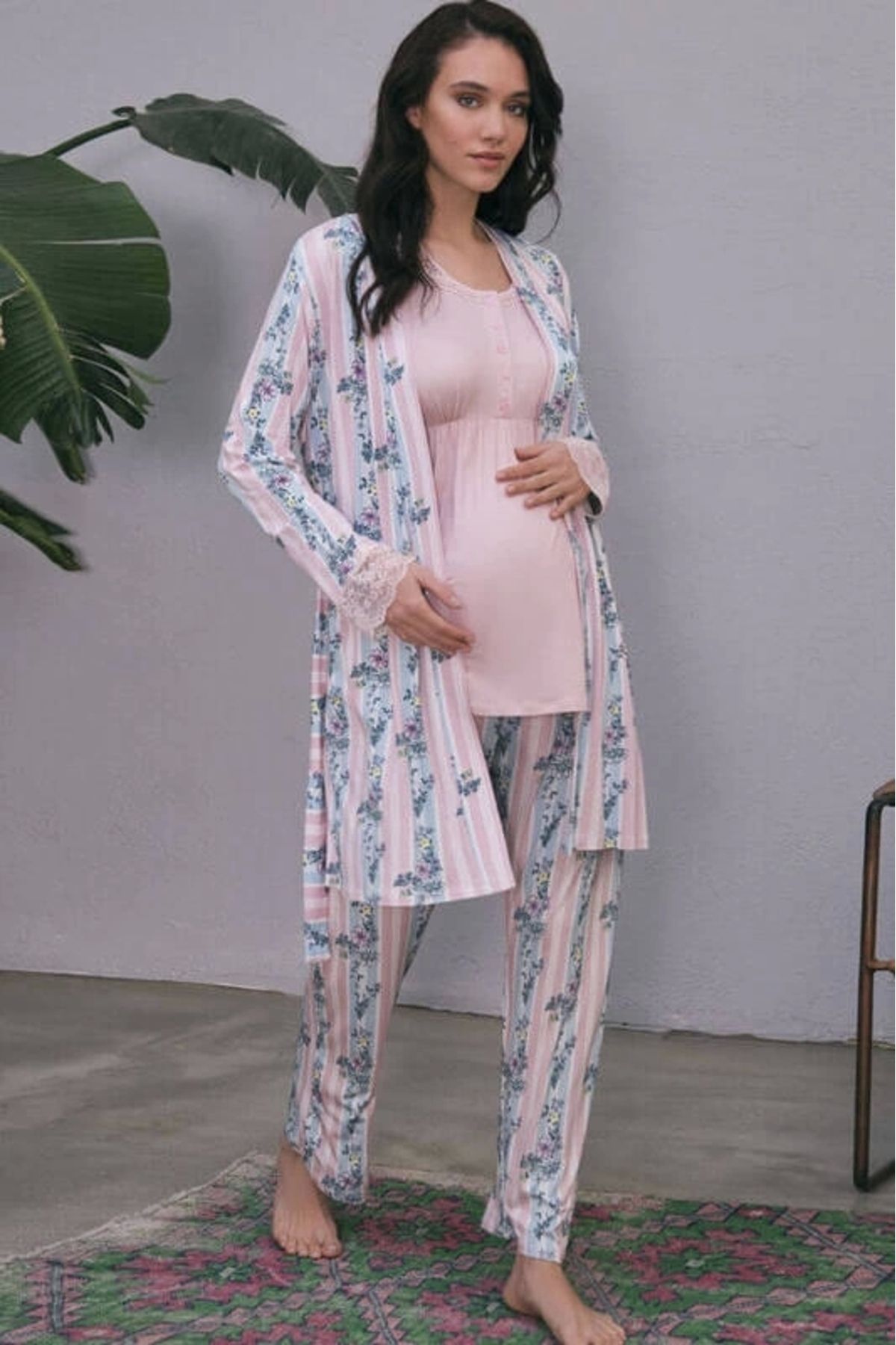 DEFNADA-Viscose Lace Pajamas Set of 3 for Pregnant and Maternity - Front Opening Breastfeeding T-Shirt and Trousers 6