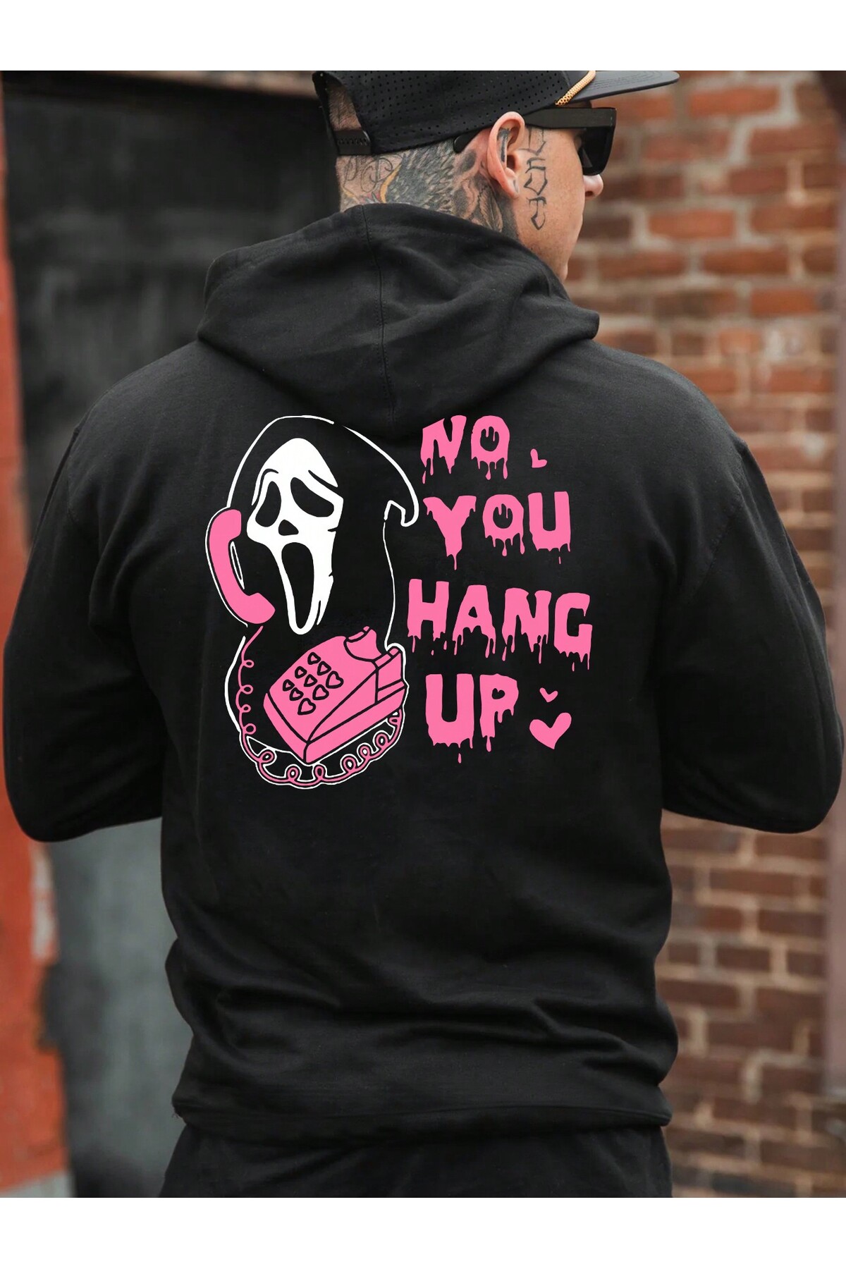 هودي أسود أوفرسايز بطبعة أمامية وخلفية 'لا أنت تغلق الخط هالوين'