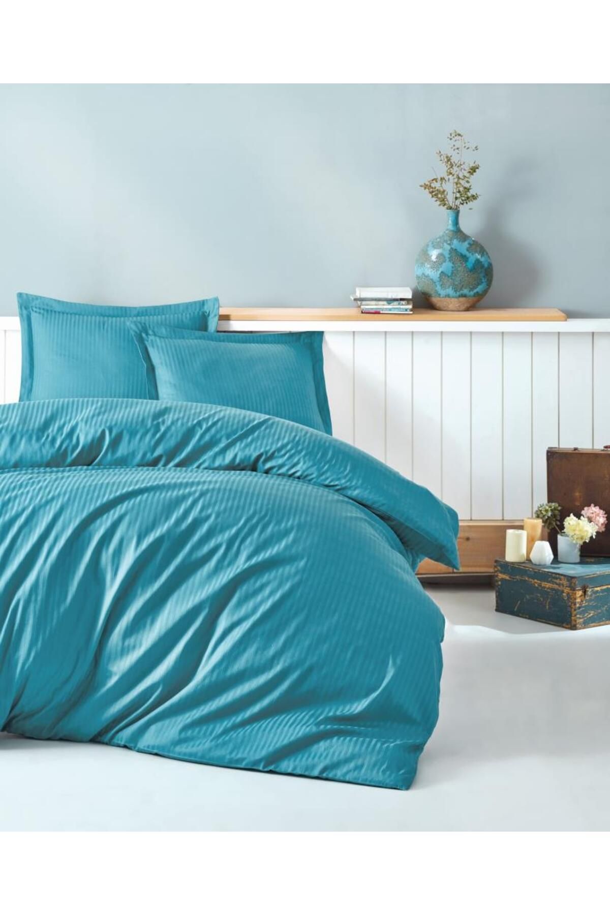 FAYMEM GLOBAL Çift Kişilik Saten Nevresim Takımı Elegante Stripe Turkuaz
