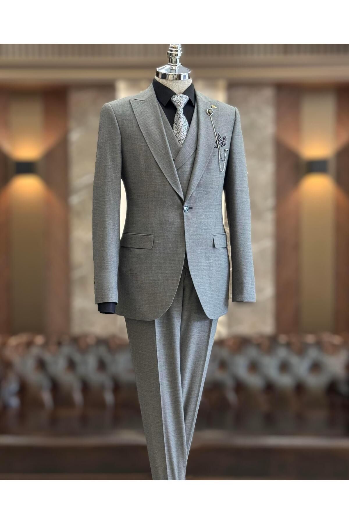 TerziAdemAltun-Gray Italian Style Slim Fit Men's Suit - Jacket, Vest, Pants T10785 1