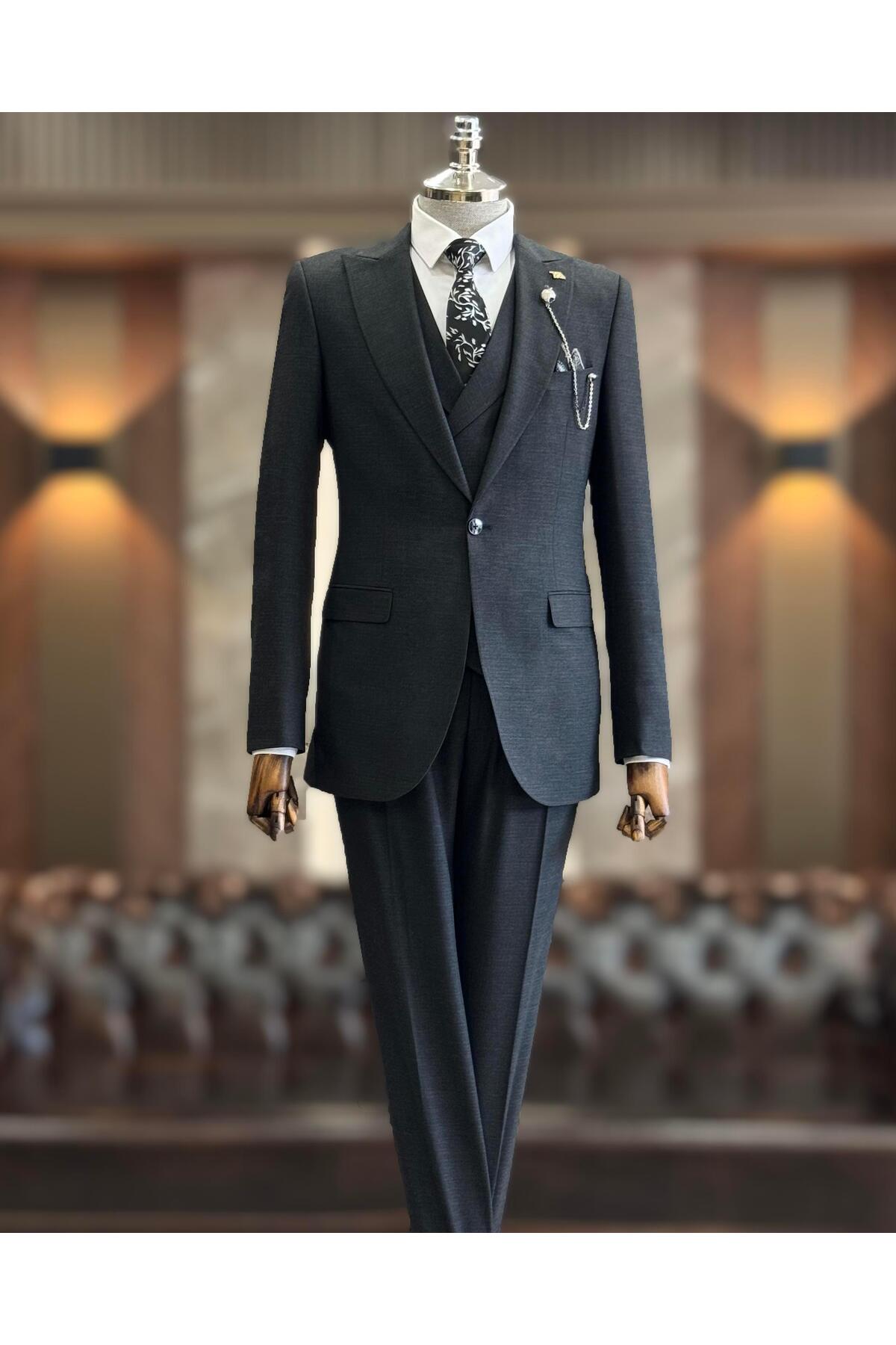 TerziAdemAltun İtalyan stil slim fit erkek ceket yelek pantolon takım elbise antrasit T10783
