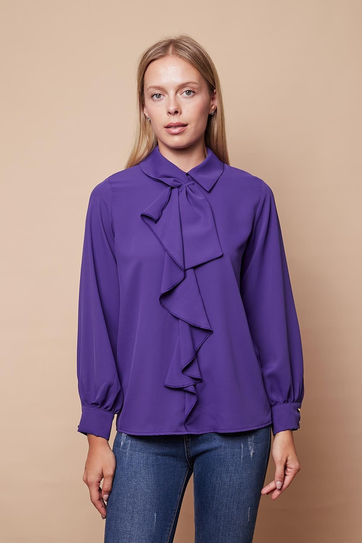 Jument-Lilac Women's Shirt Blouse - Stylish Fabric, Collared Flounce, Long Sleeve 2