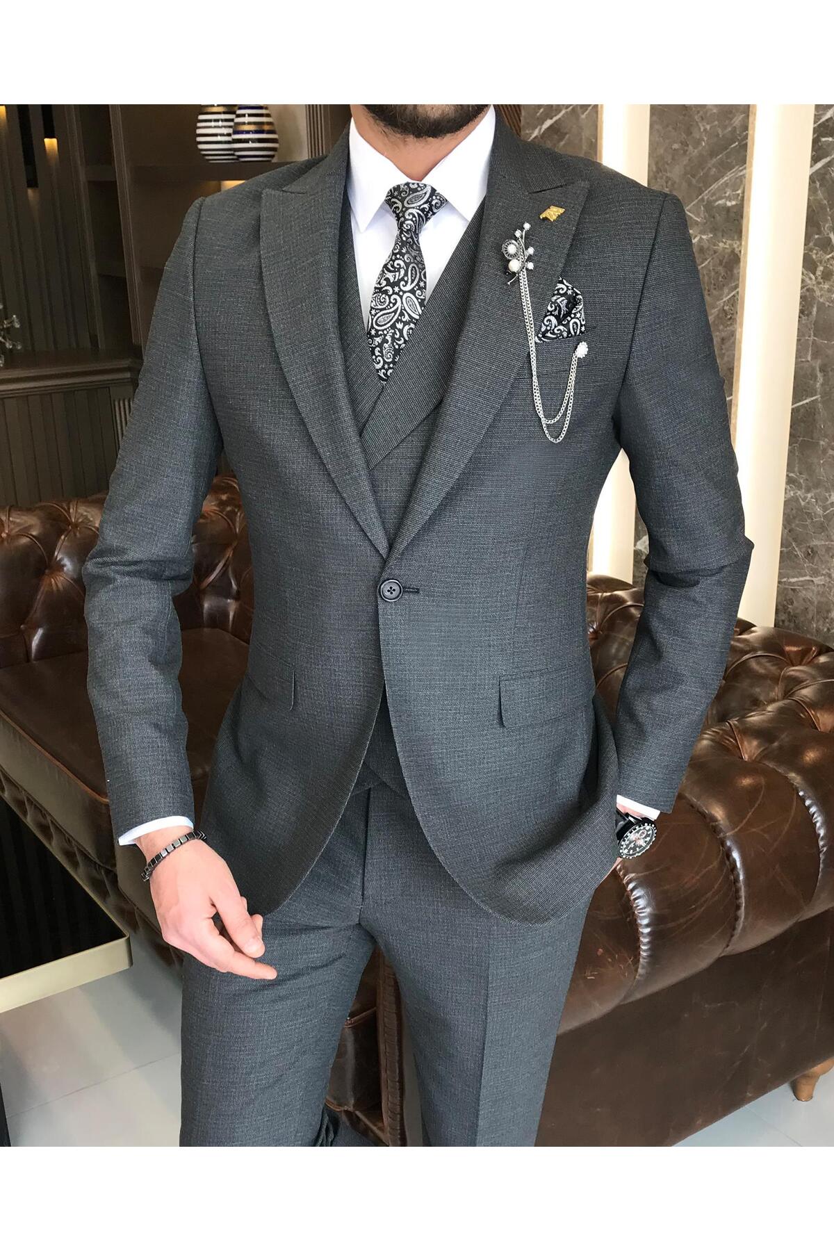 TerziAdemAltun Italian Style Slim Fit Men Jacket Vest Pants Suit Anthracite T9126