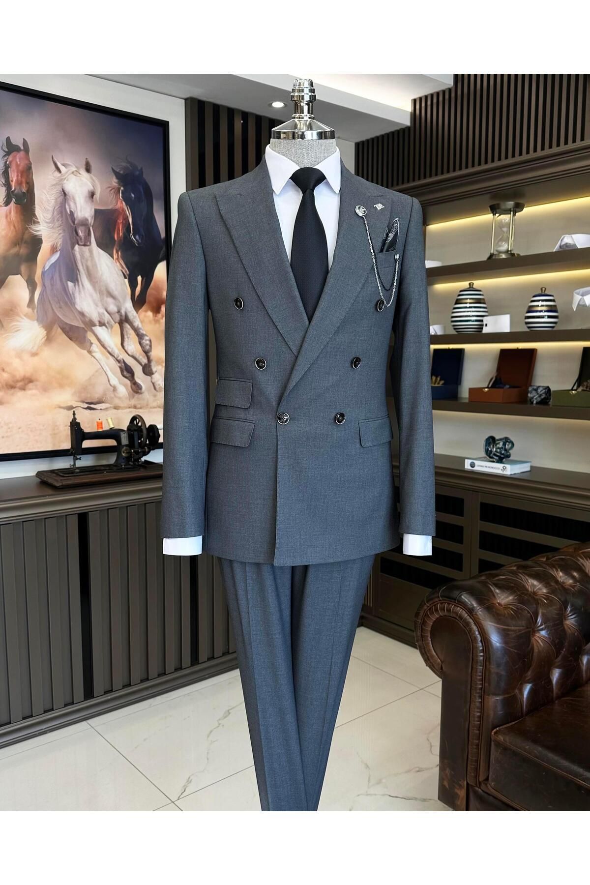 TerziAdemAltun-Italian style double-breasted jacket pants men's suit gray T11097 1