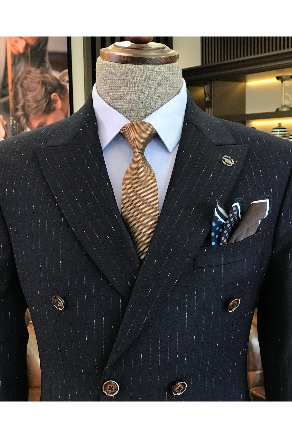 TerziAdemAltun İtalyan stil slim fit çizgili kruvaze ceket pantolon takım elbise lacivert T9501 görsel 8