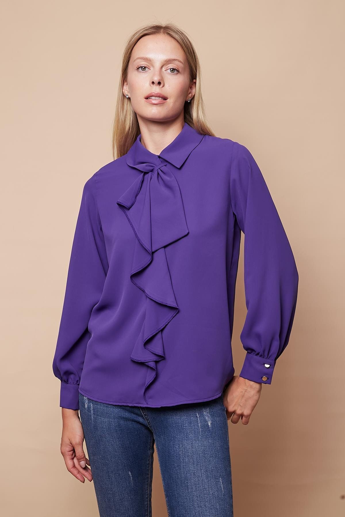 Jument-Lilac Women's Shirt Blouse - Stylish Fabric, Collared Flounce, Long Sleeve 3