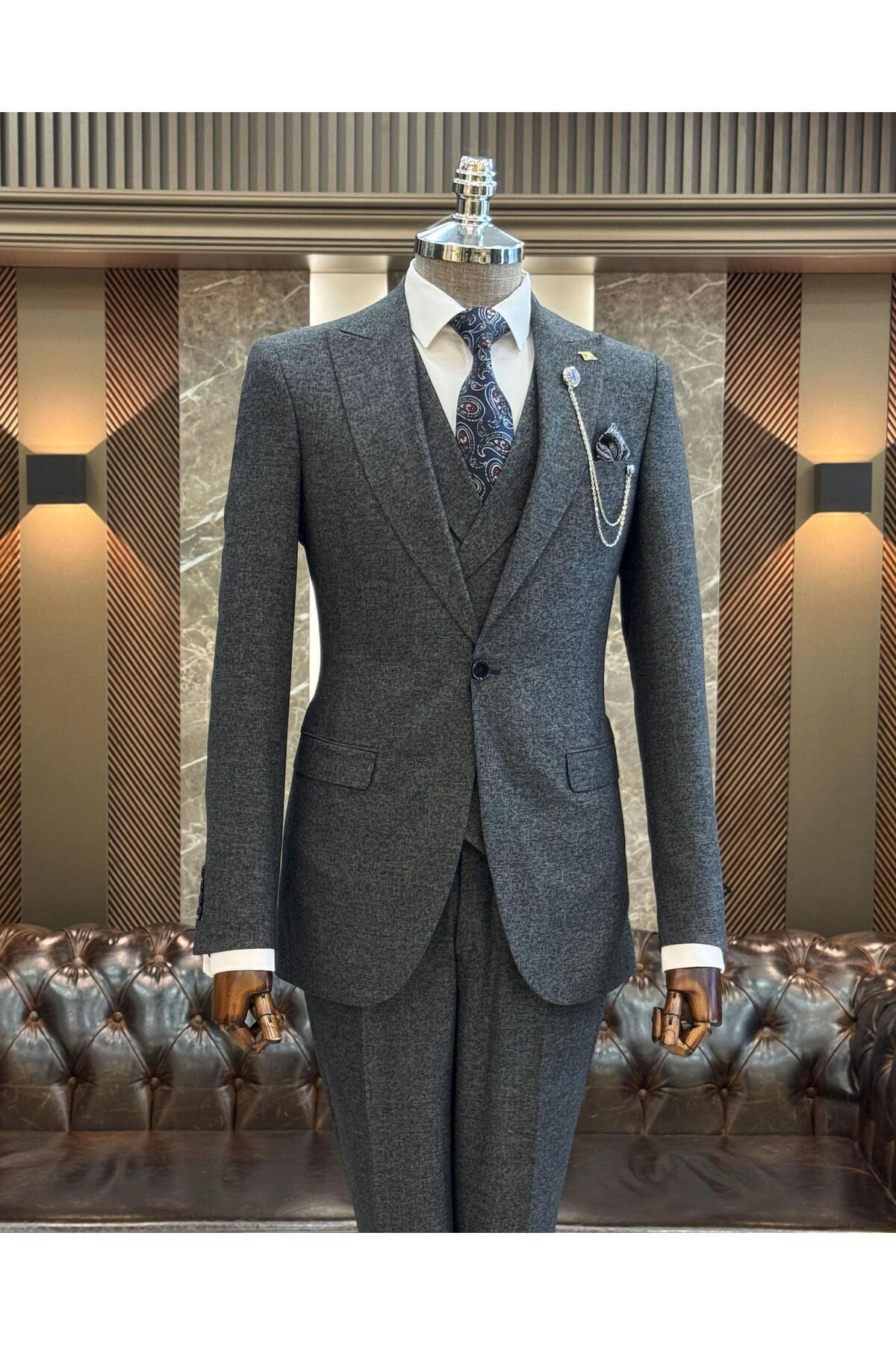 İtalyan stil slim fit erkek ceket yelek pantolon takım elbise lacivert T11213 — سرمه‌ای