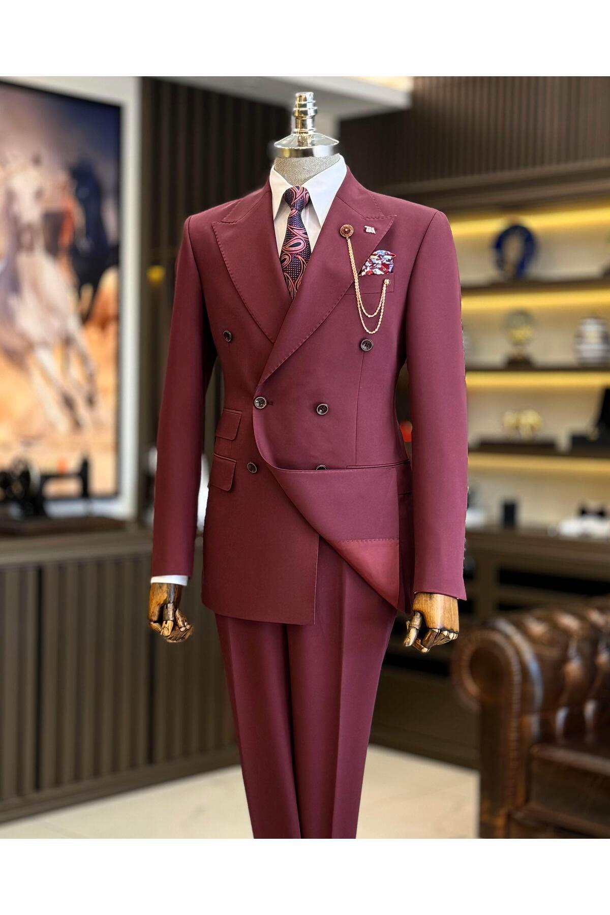 TerziAdemAltun Italian Style Slim Fit Double Breasted Jacket Trousers Suit Burgundy T12596