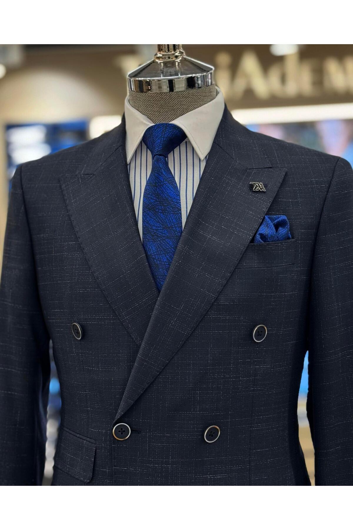 TerziAdemAltun İtalyan stil slim fit ekose kruvaze ceket pantolon takım elbise lacivert T11695 görsel 4