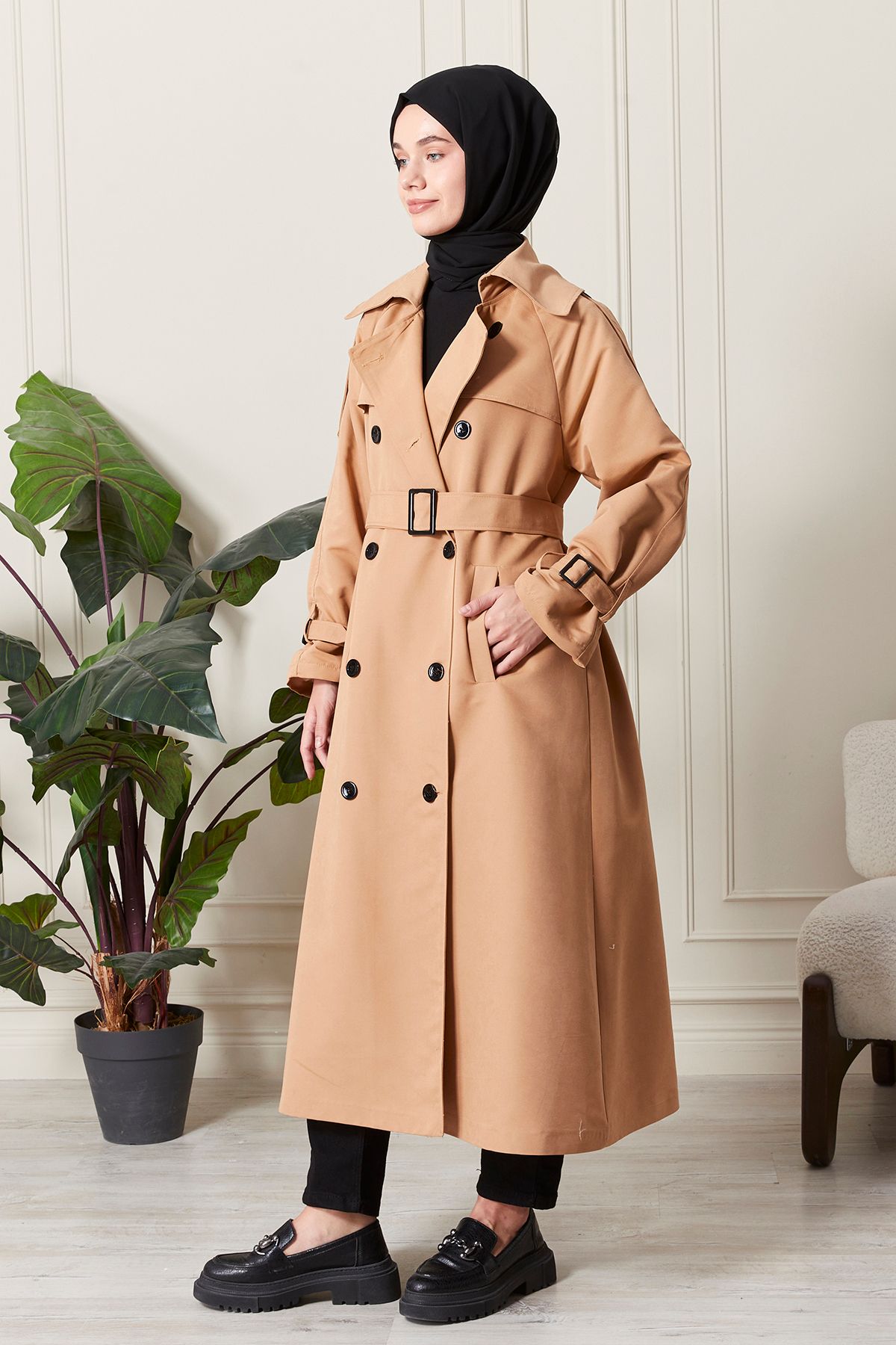 Aranlı tekstil-Apolet Detailed Waterproof Fabric Belted Intermediate Women's Trench Coat 3