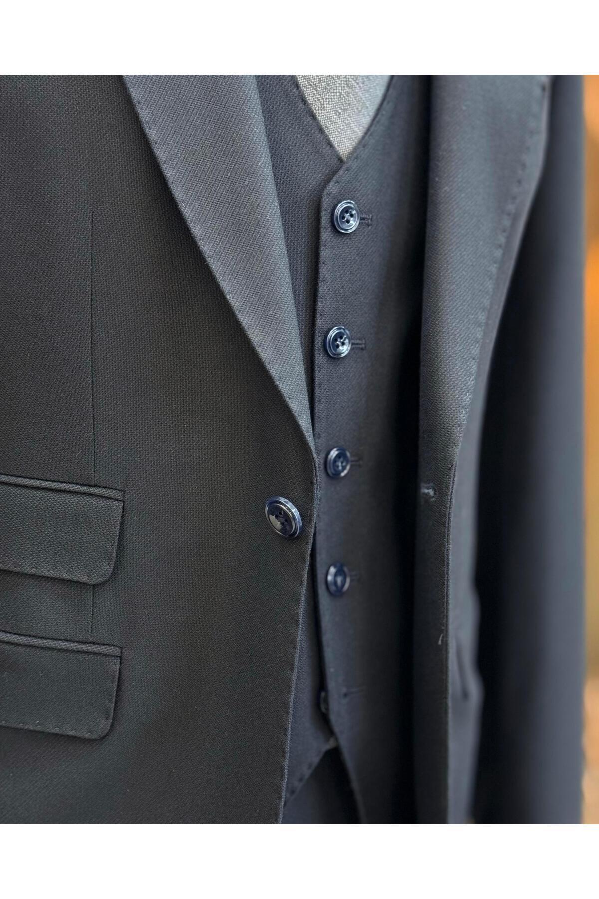 TerziAdemAltun İtalyan stil slim fit armür desenli ceket yelek pantolon takım elbise lacivert T11489 görsel 7