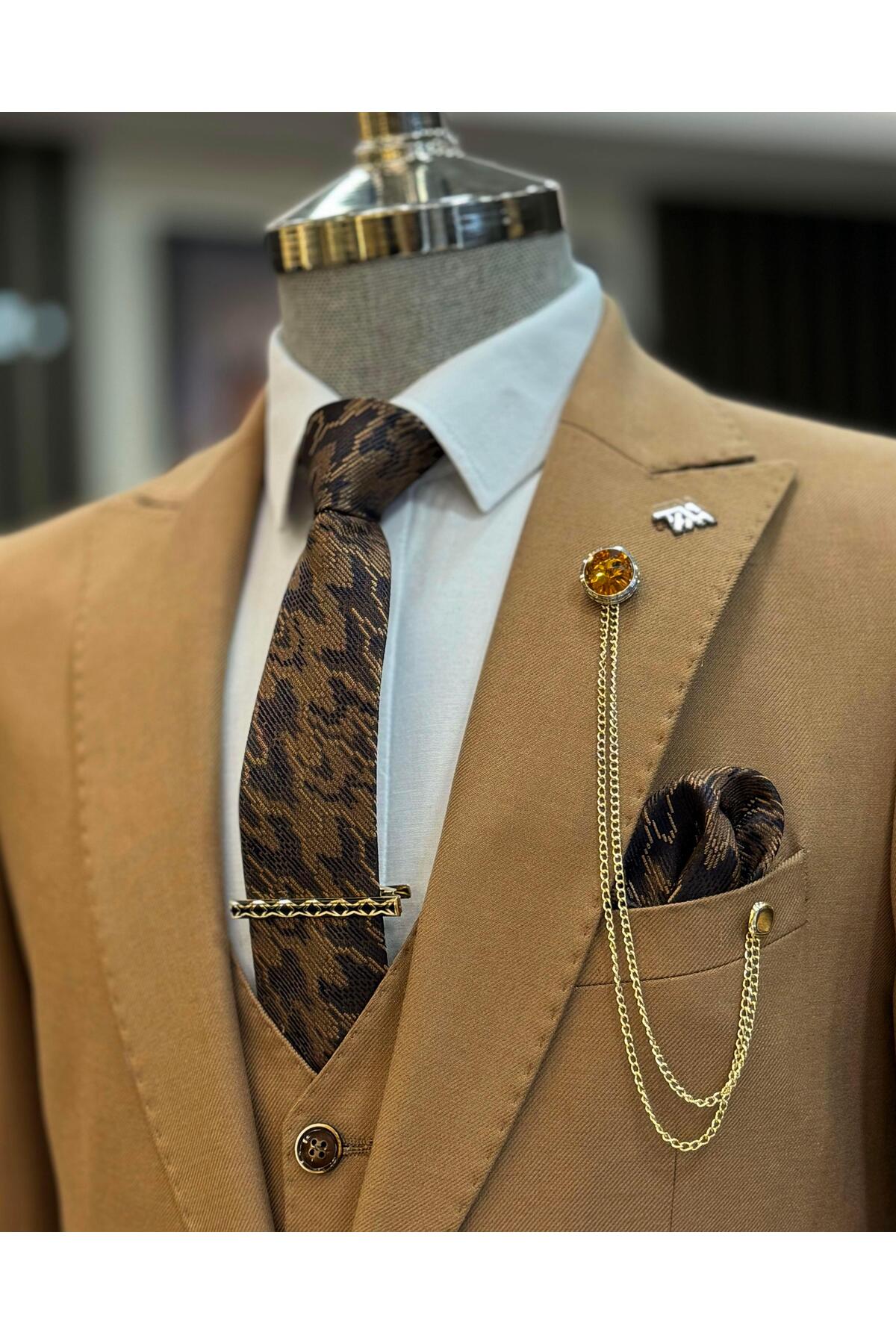İtalyan stil slim fit ceket yelek pantolon takım elbise camel T11485 — بژ — تصویر 2 از 4