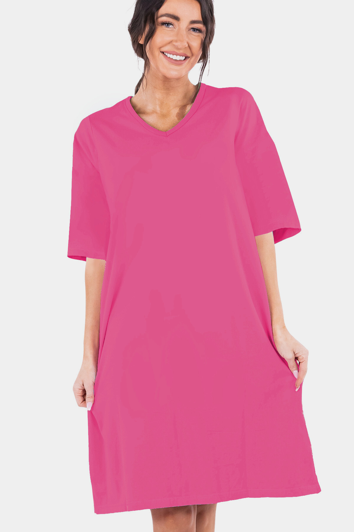 ROCKANDROLL Düz Fuşya V Yaka Yarım Kol Diz Boyu Rahat Ev Elbisesi Gecelik