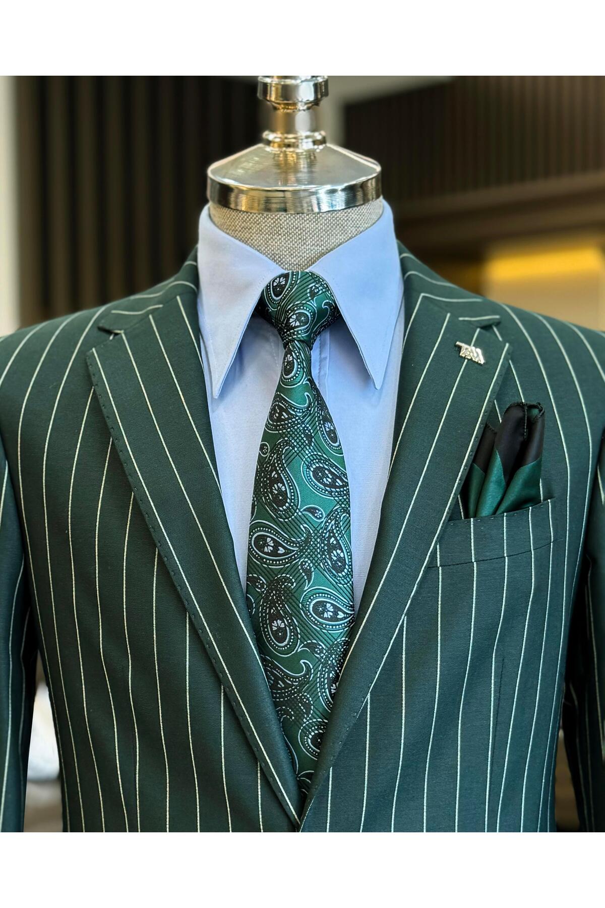 TerziAdemAltun İtalyan stil slim fit çizgili ceket pantolon takım elbise yeşil T11930 görsel 2