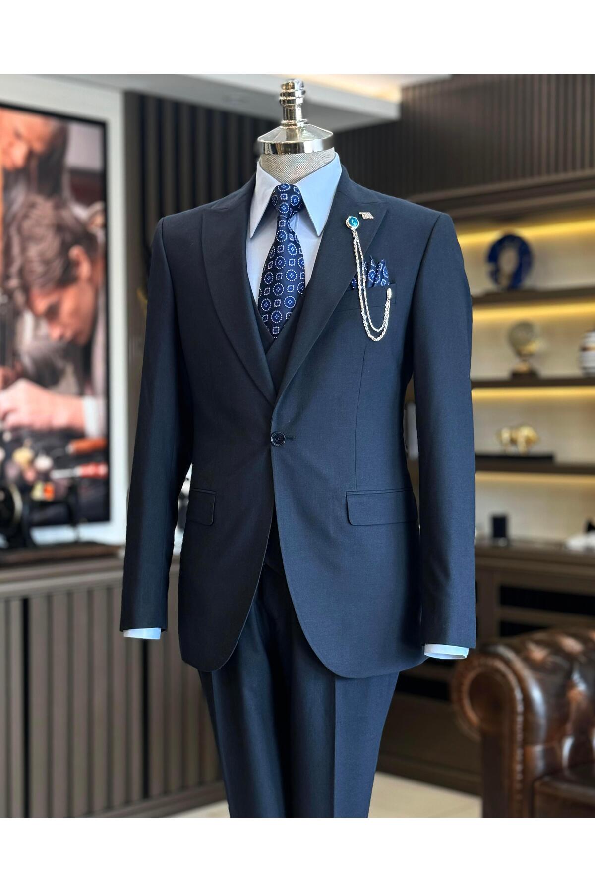 TerziAdemAltun Navy Blue Italian Style Jacket Vest Trousers Set - T12806