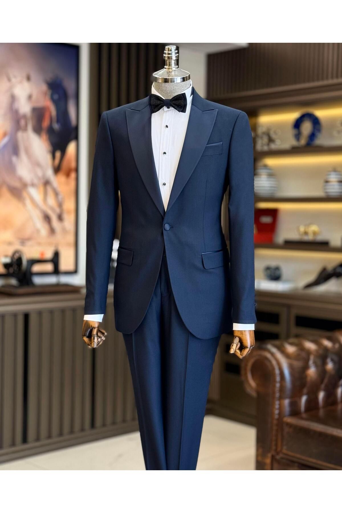 TerziAdemAltun İtalyan kesim slim fit sivri yaka ceket pantolon damatlık set lacivert T11837