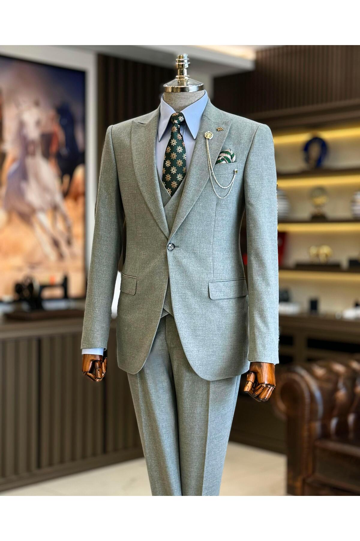 TerziAdemAltun Italian Style Jacket Vest Pants Suit Green T12560