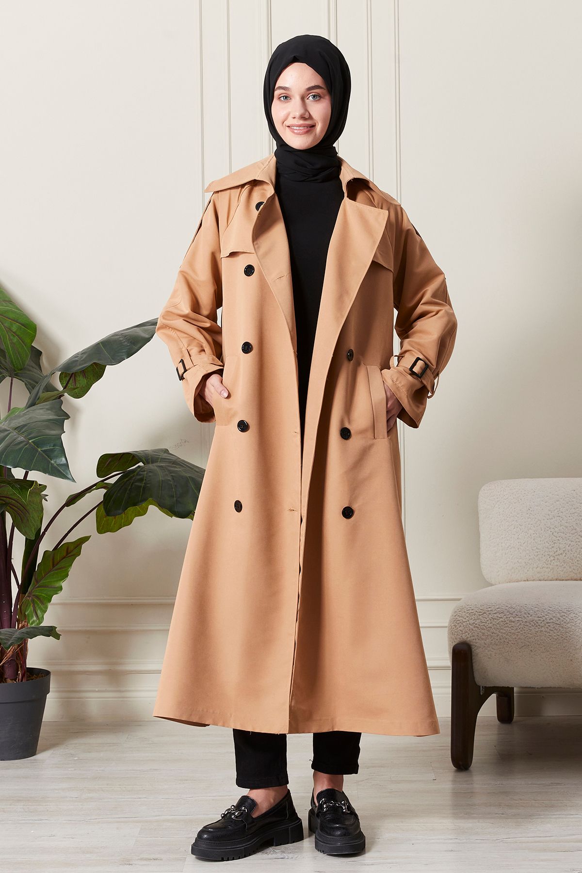 Aranlı tekstil-Apolet Detailed Waterproof Fabric Belted Intermediate Women's Trench Coat 4