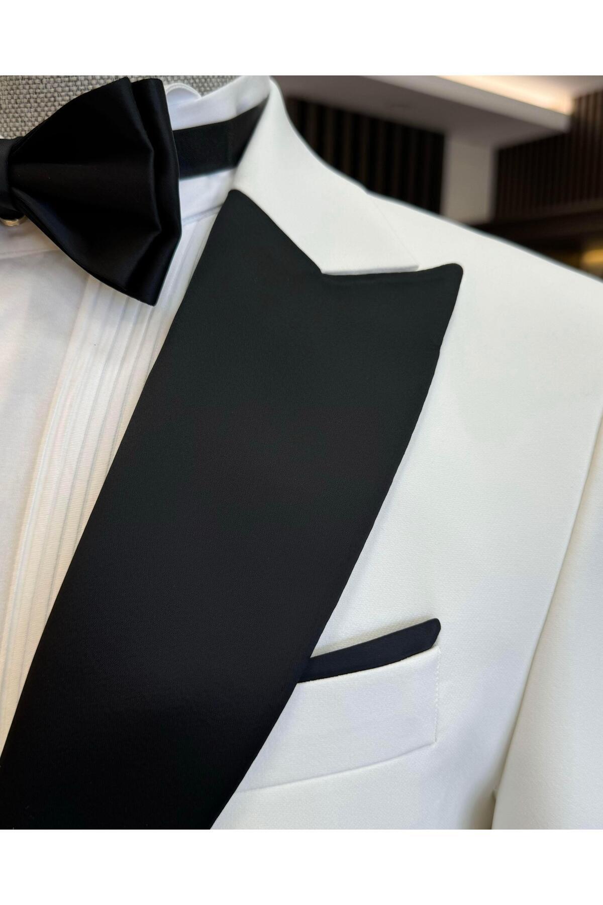 TerziAdemAltun-Ecru Slim Fit Italian Cut Pointed Collar Jacket and Trousers Set - T12221 3