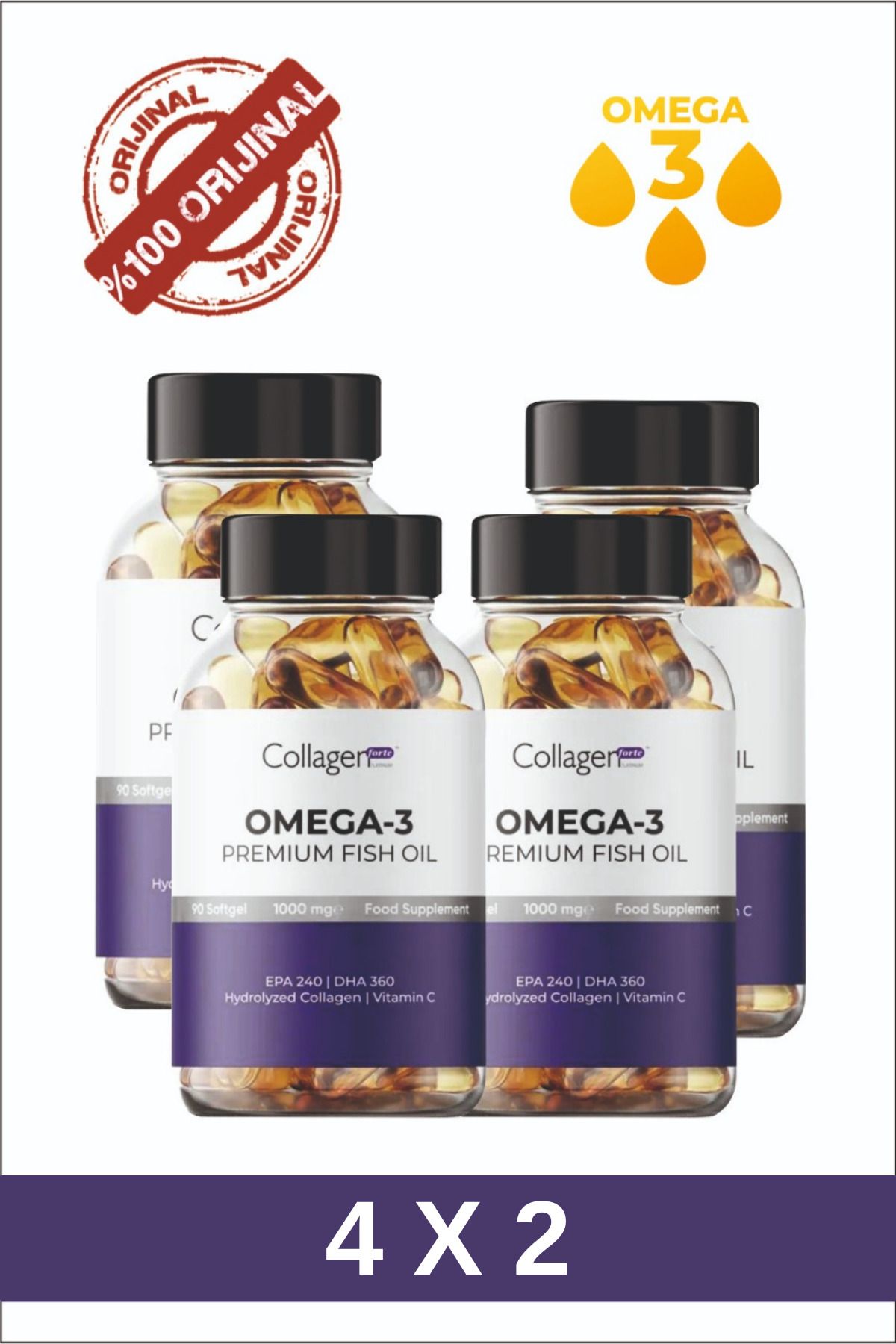 Collagen Forte Platinum 8 Adet Omega-3 Premium Fish Oil 90 Softgel X 1000mg, Balık Yağı, Hidrolize Kolajen