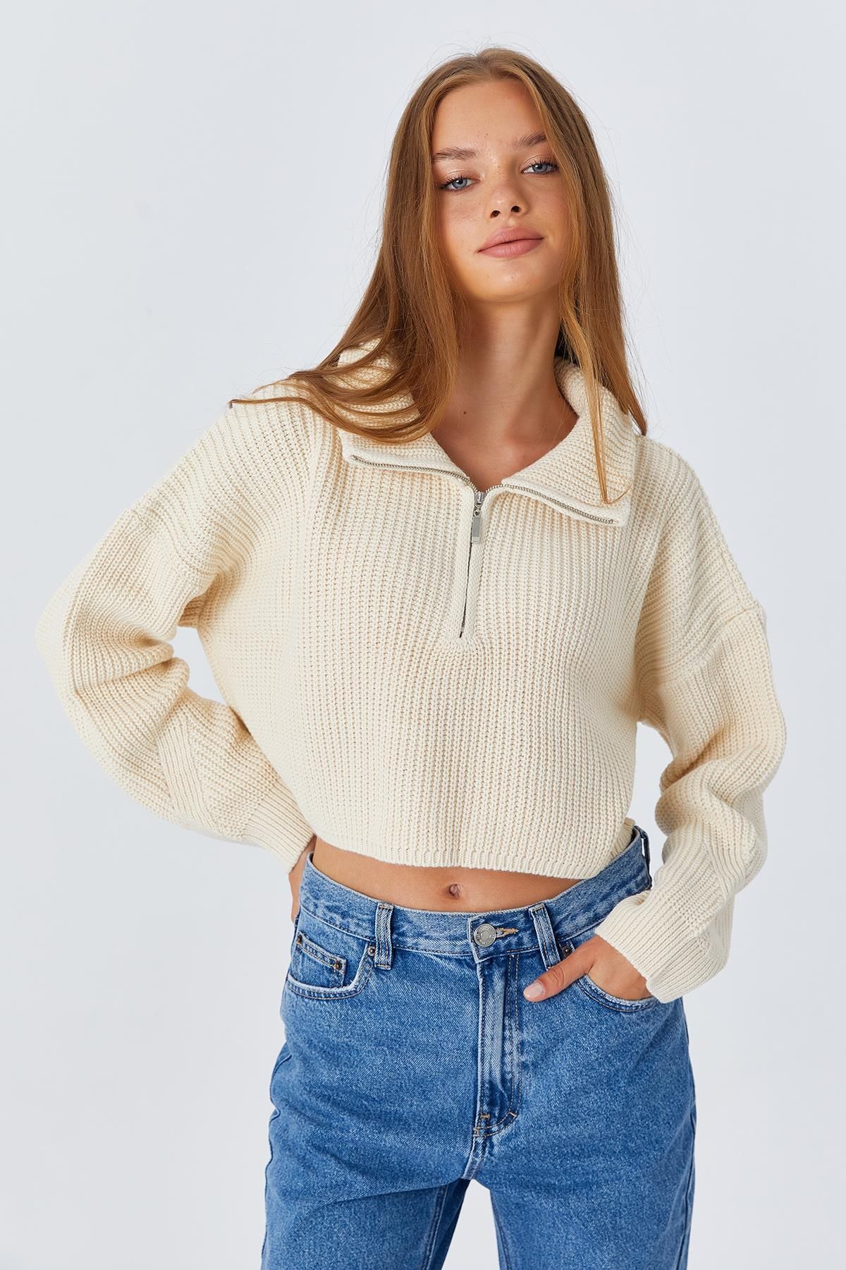 Mixray-6752 Model - Natural Color Women's Crop Zippered Sweater 7