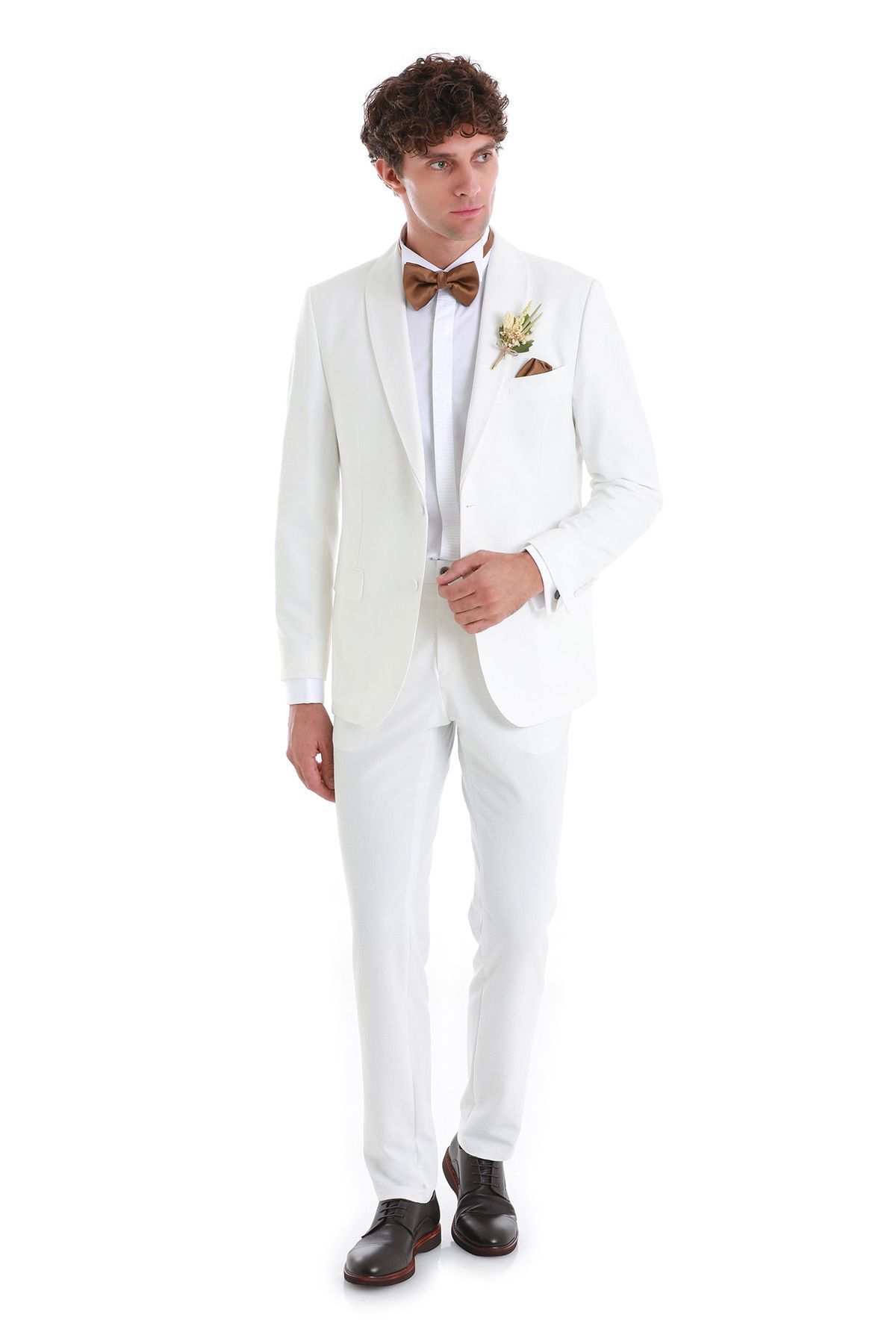 Hatemoğlu Beyaz Slim Fit Düz Çıkma Şal Yaka Smokin Damatlık