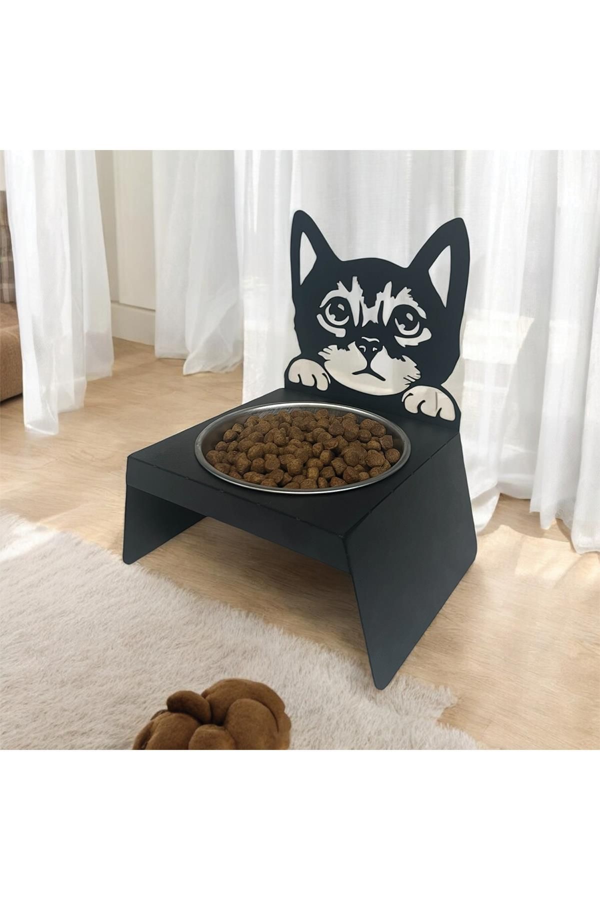 decorelax-Black Cat and Dog Food Water Bowl - Ergonomic Design, Stainless Small Model with Cat Design 3