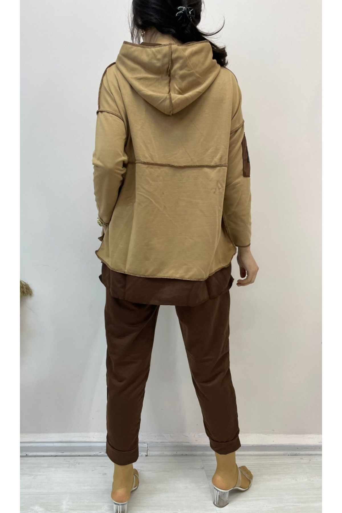 JANES-Women's Coffee Hooded Skirt Detail Crest Reverse Stitching Double Suit 5