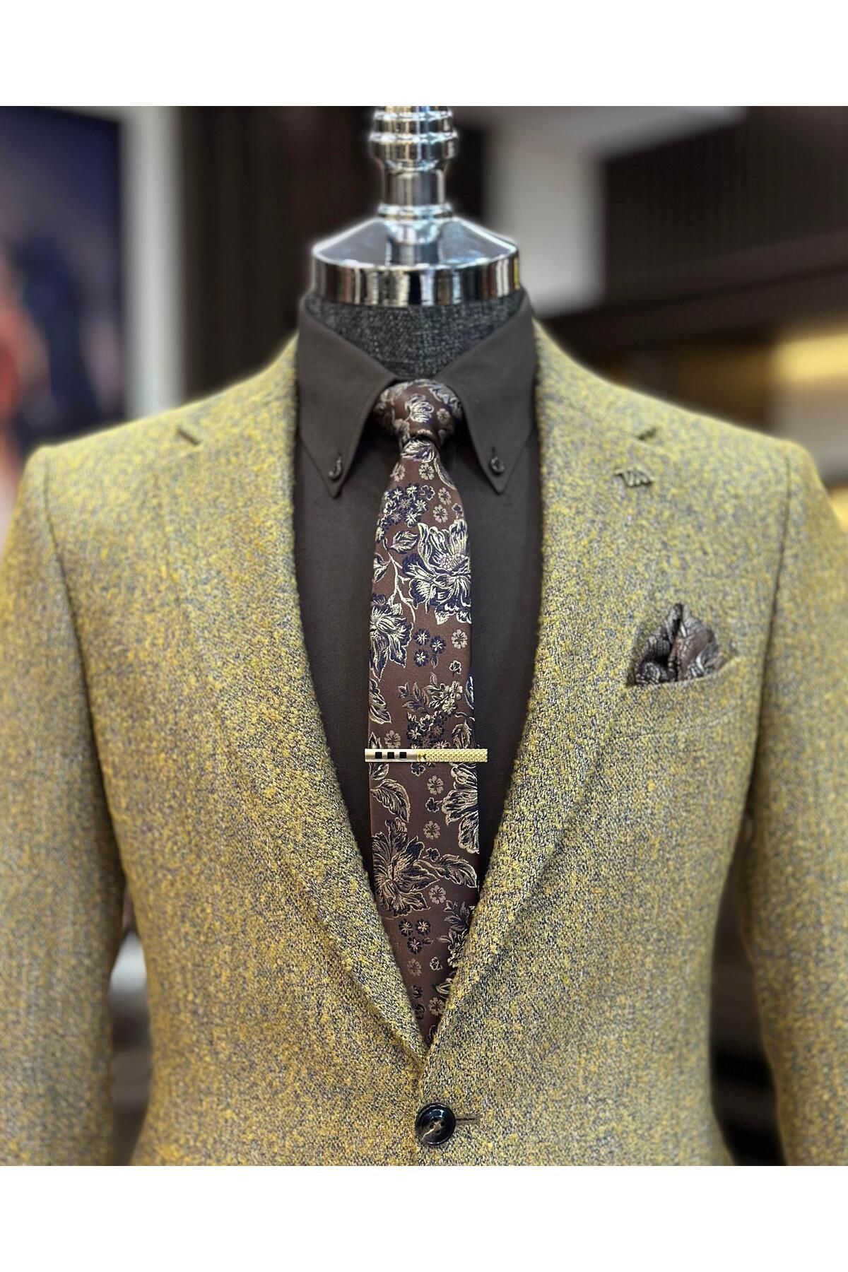 TerziAdemAltun-Jachetă pentru bărbați în stil italian slim fit mono rever muștar T10887 2