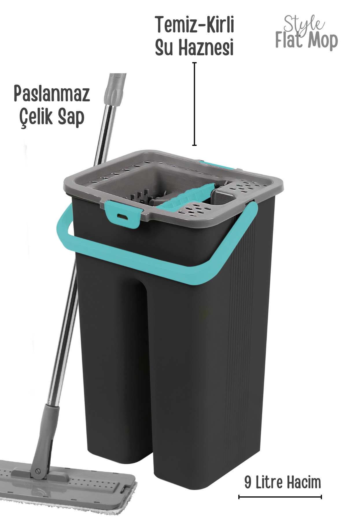 GRİMOR Life Style Flat Mop Temizlik Kova Paspas Seti Siyah Renk 9