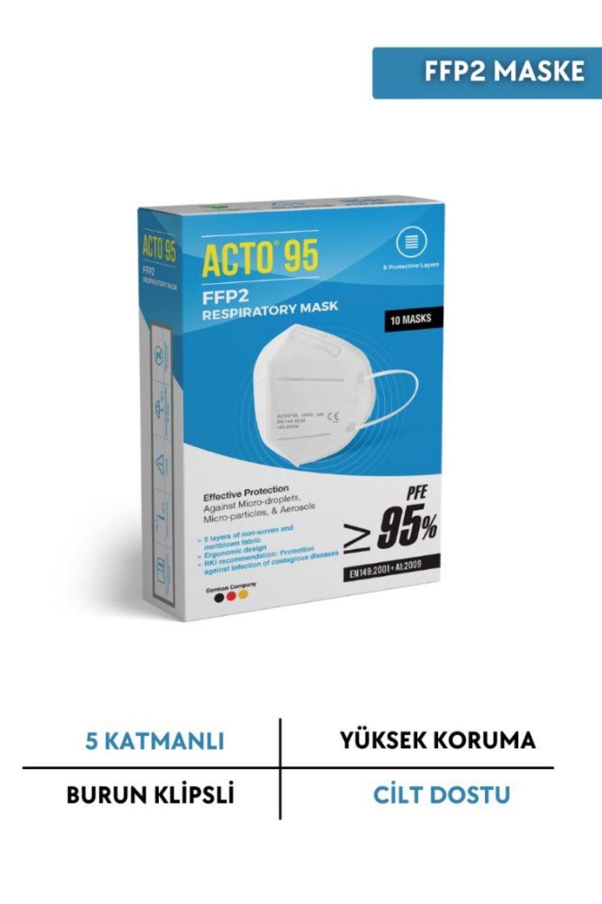 Acto ® 95 Ffp2 Maske 10 Adet | 5 Katman Koruyucu Filtrasyon Oranı %95